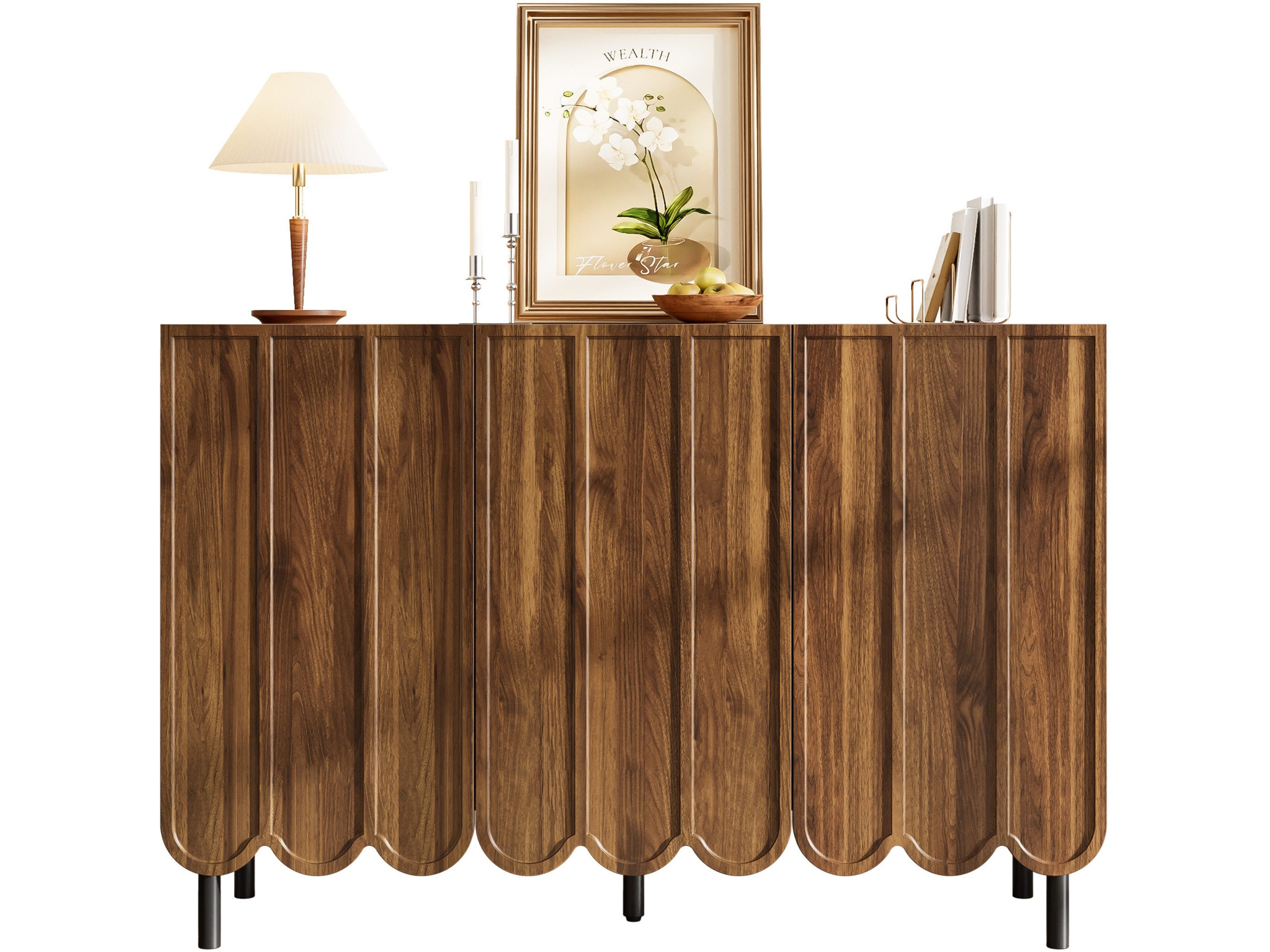 SeedWave Sideboard Stilvoller Wohnzimmerschrank mit 3 grifflosen Türen, 6 Staufächern, Beistellschrank inl. 4 Einlegeböden & 1 Mittelfuß mit höhenverstellung