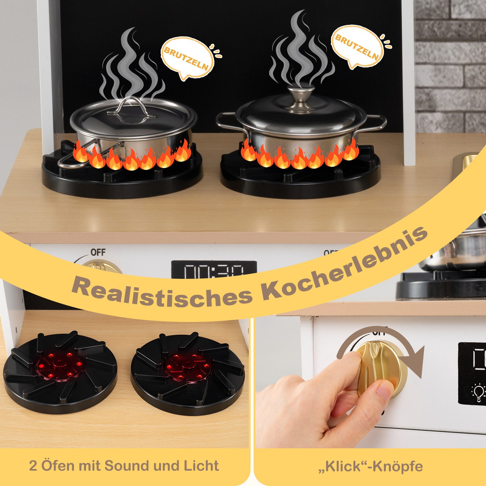 COSTWAY Spielküche Holz, Holz, mit Kaffeemaschine & Kochgeschirr, ab 3 Jahren