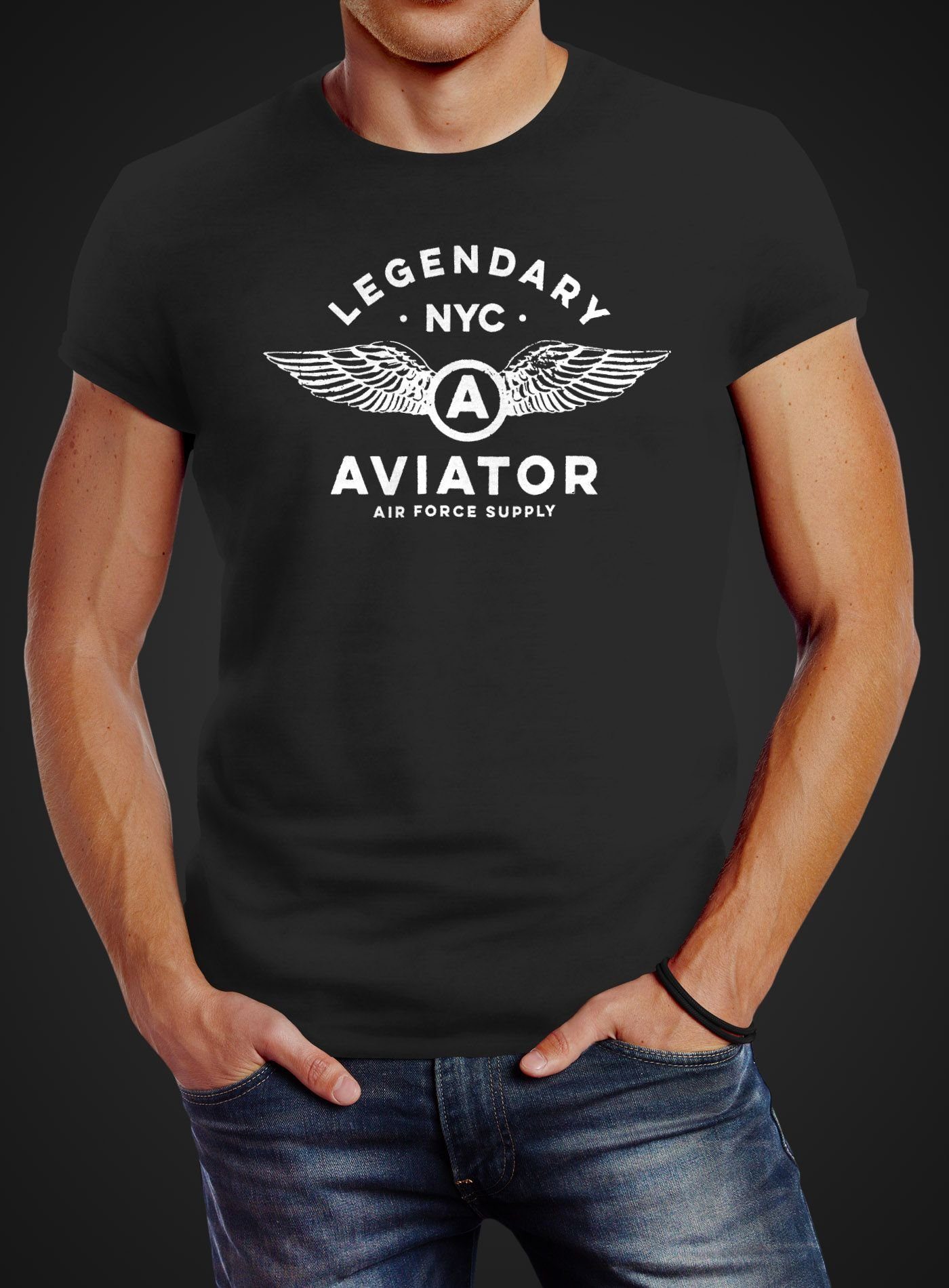 Streetstyle Neverless Neverless® Aviator Print Luftwaffe Fashion Flügel NYC Force Herren Print-Shirt schwarz Legendary mit Air T-Shirt