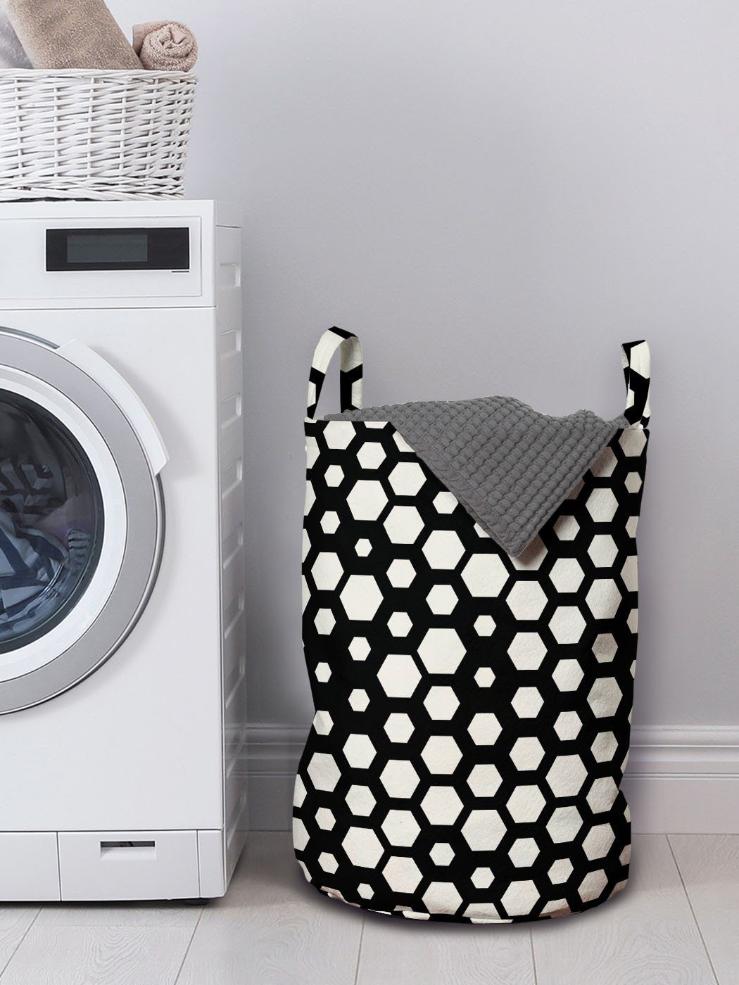 Abakuhaus Wäschesäckchen Wäschekorb mit Abstrakt Waschsalons, Simplistic Hexagons für Kordelzugverschluss Entwurf Griffen