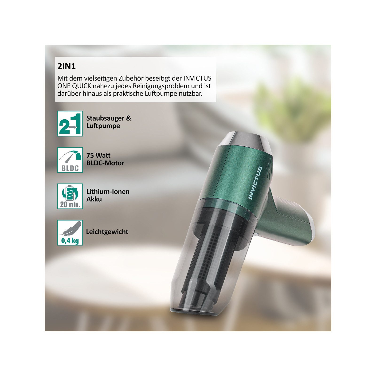 Genius Akku-Handstaubsauger Invictus One Quick Mini Handstaubsauger 13 tlg, Staubsauger Luftpumpe, 75,00 W, beutellos, 2 Modi: ECO und BOOST, überall laden, dank USB-C Anschluss