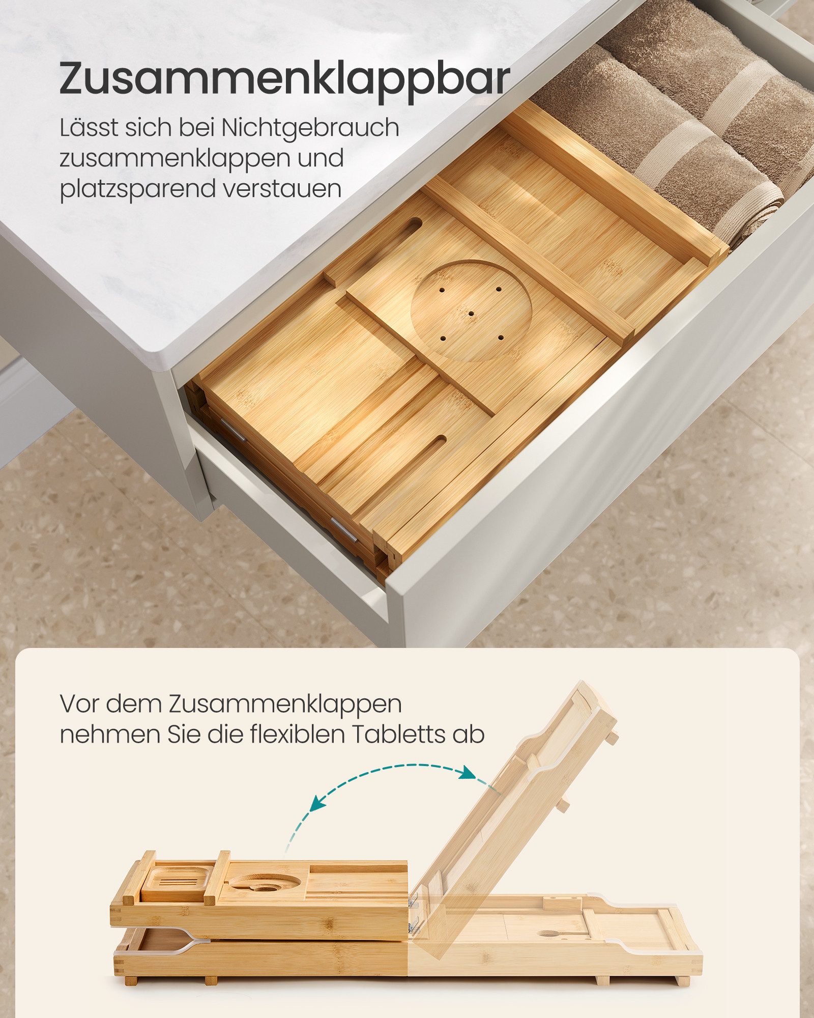 SONGMICS Badewannenablage Badewannen Ablagen, faltbar,ausziehbar, aus Bambus, rutschfest – Bild 5 von 5