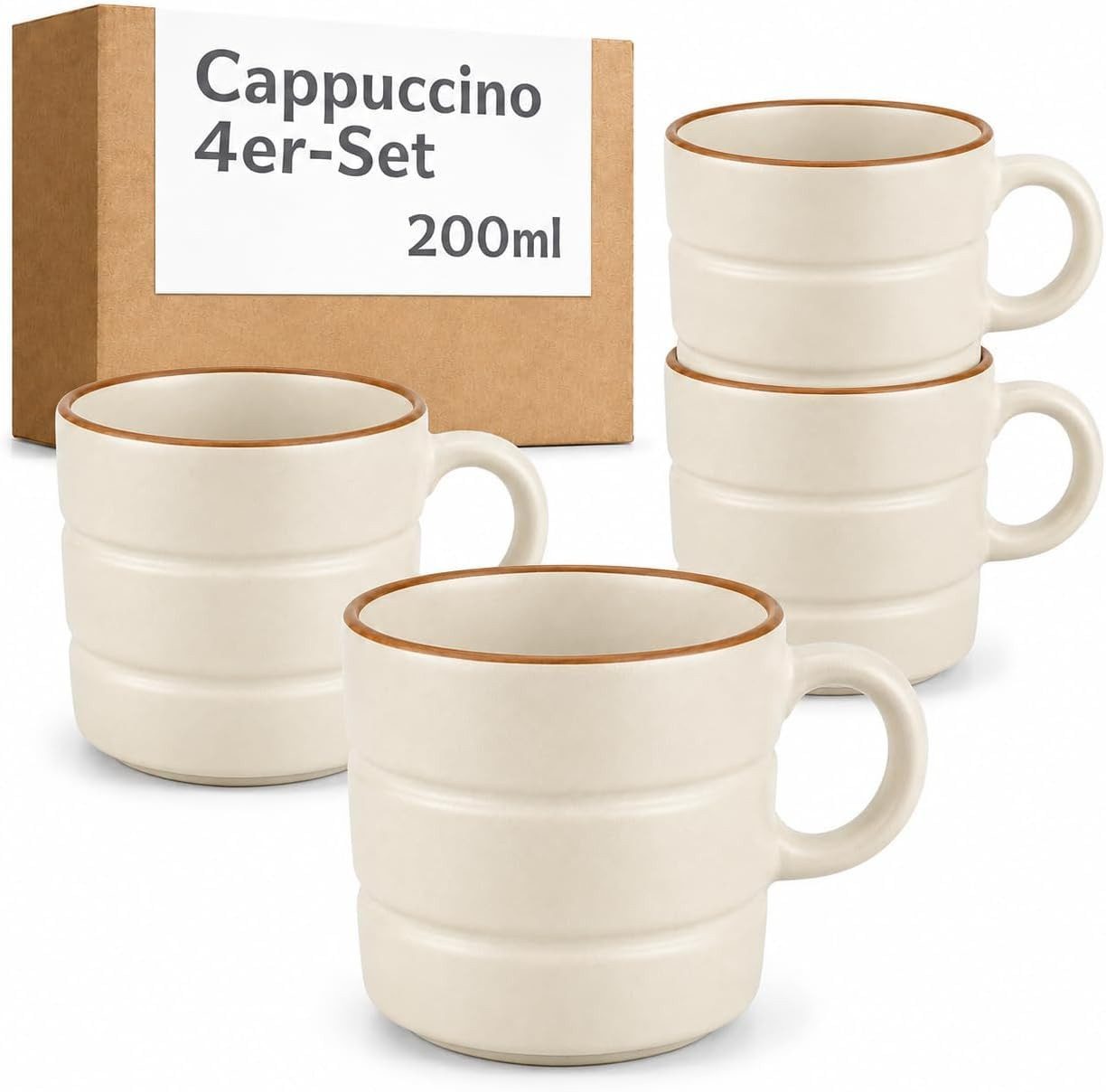 Cosumy Tasse Kaffeetassen Set 4 St. horizontal stapelbar Keramik - Rillenoptik, 4-tlg., Keramik, horizontal stapelbar, Rillenoptik, dickwandige Keramik, 4er-Set