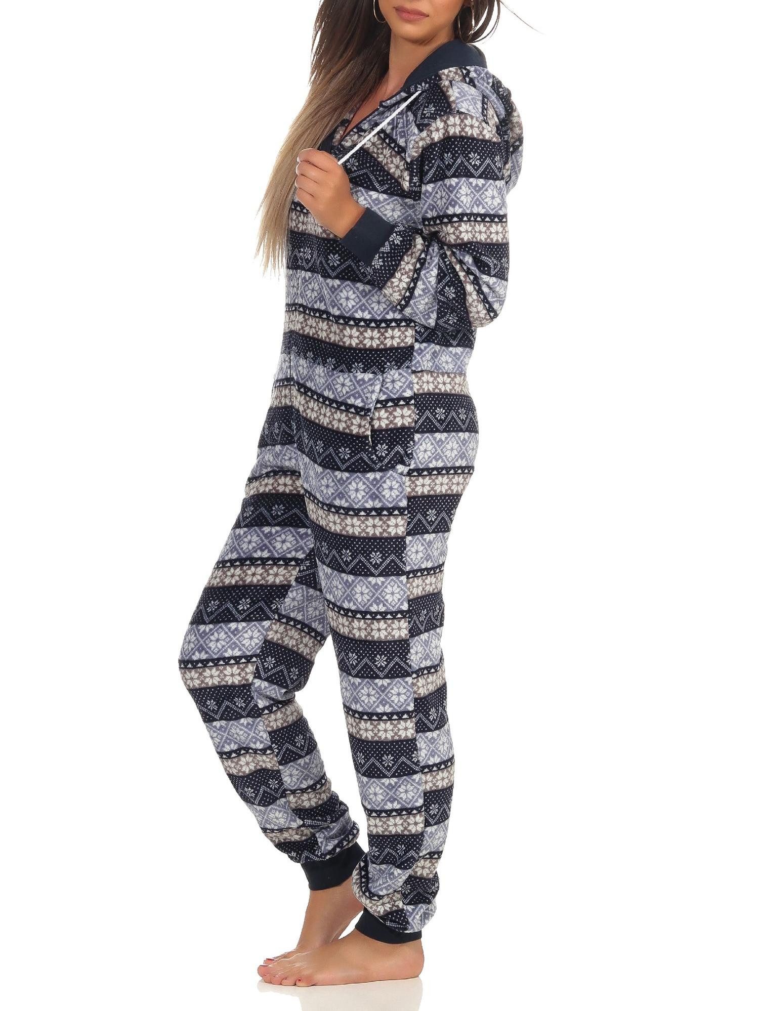 Normann Pyjama Damen Jumpsuit Overall Schlafanzug Norweger-Look, Overall mit Kapuze
