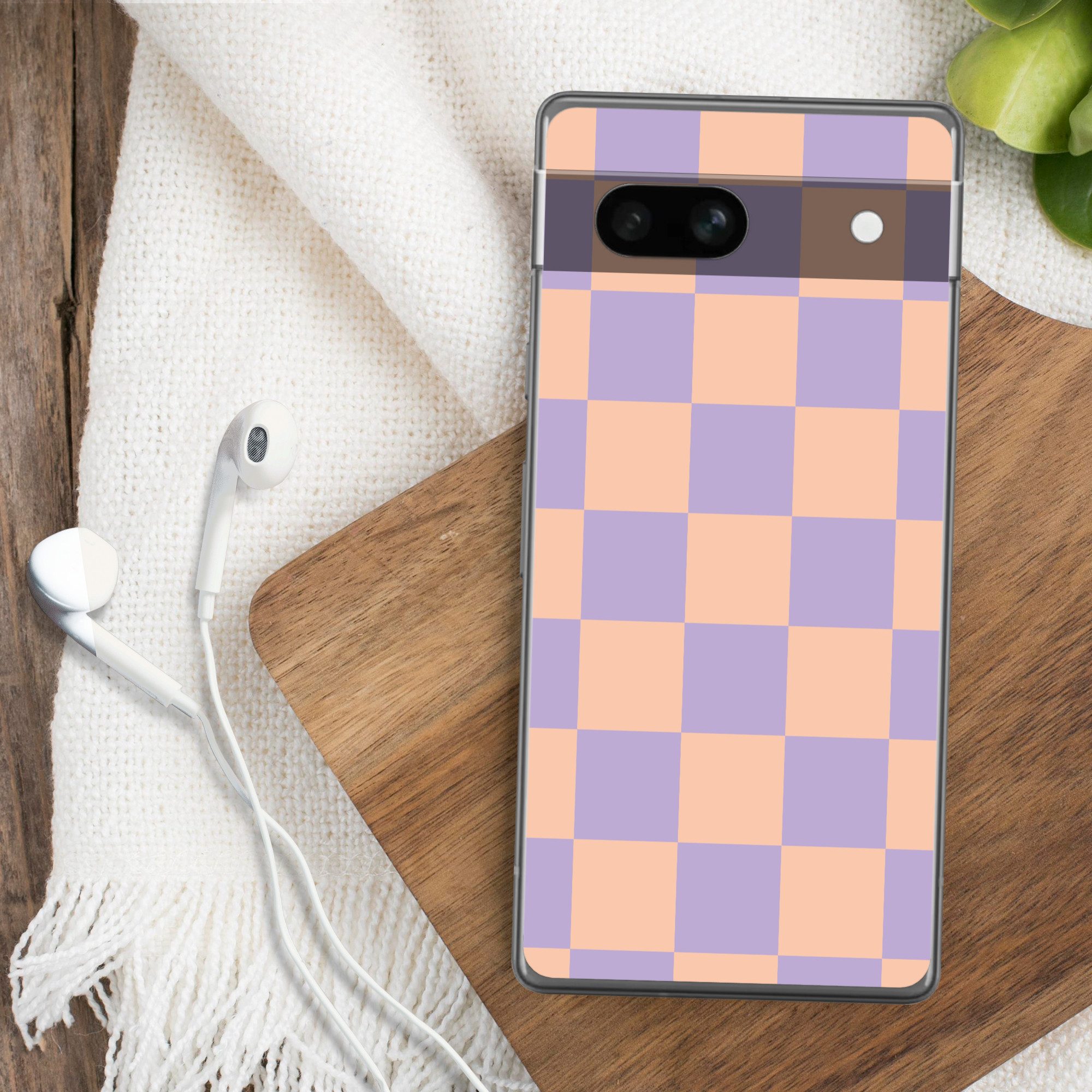 MuchoWow Handyhülle für Google Pixel 7a Schachbrettmuster - Lila - Rosa - Würfel, Handy Case, Silikon, Bumper Case Dünn