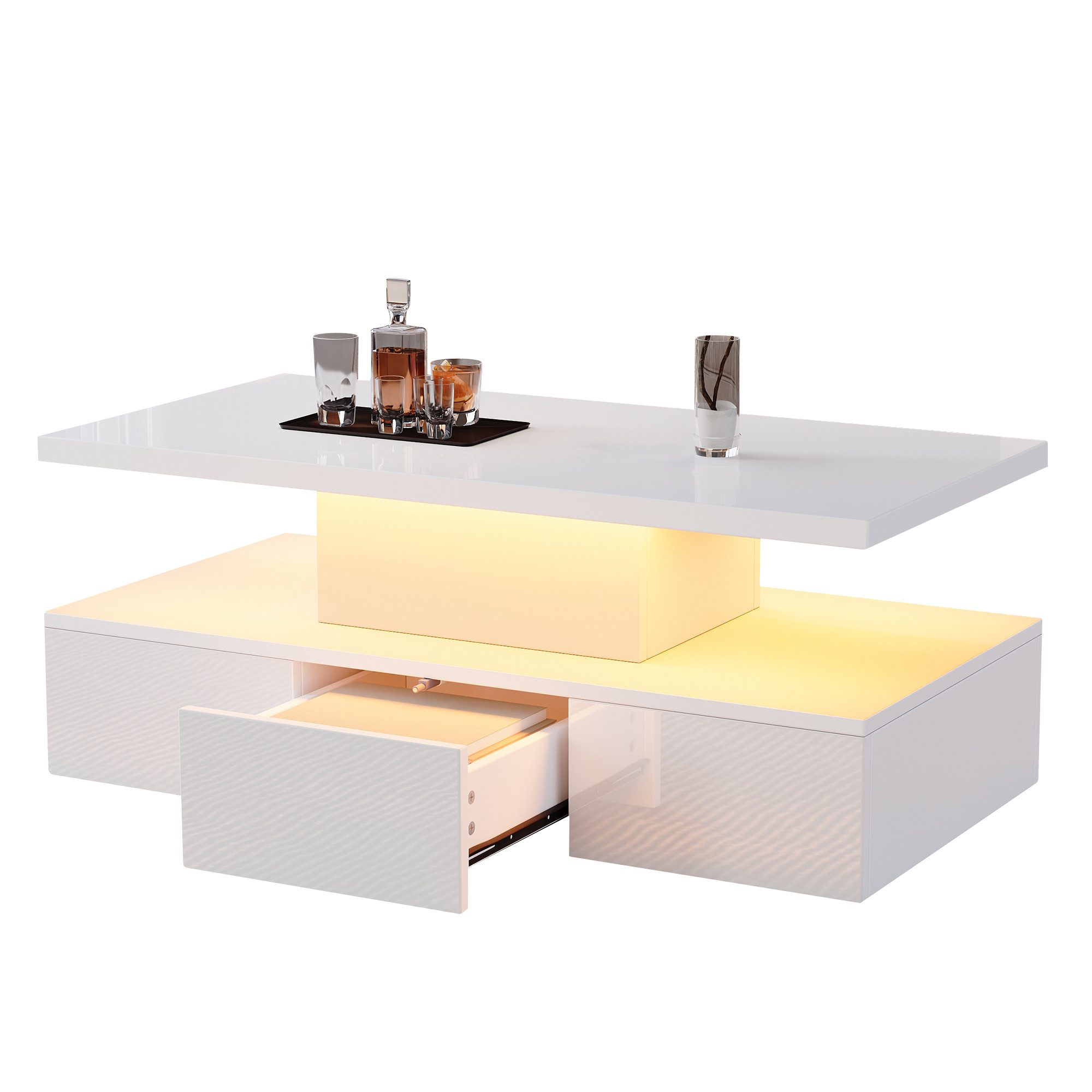 Merax Couchtisch hochglanz Sofatisch Beistelltisch mit LED-Beleuchtung (1-St., 100x50x39cm), Wohnzimmertisch mit Schublade & Stauraum inkl. Fernbedienung