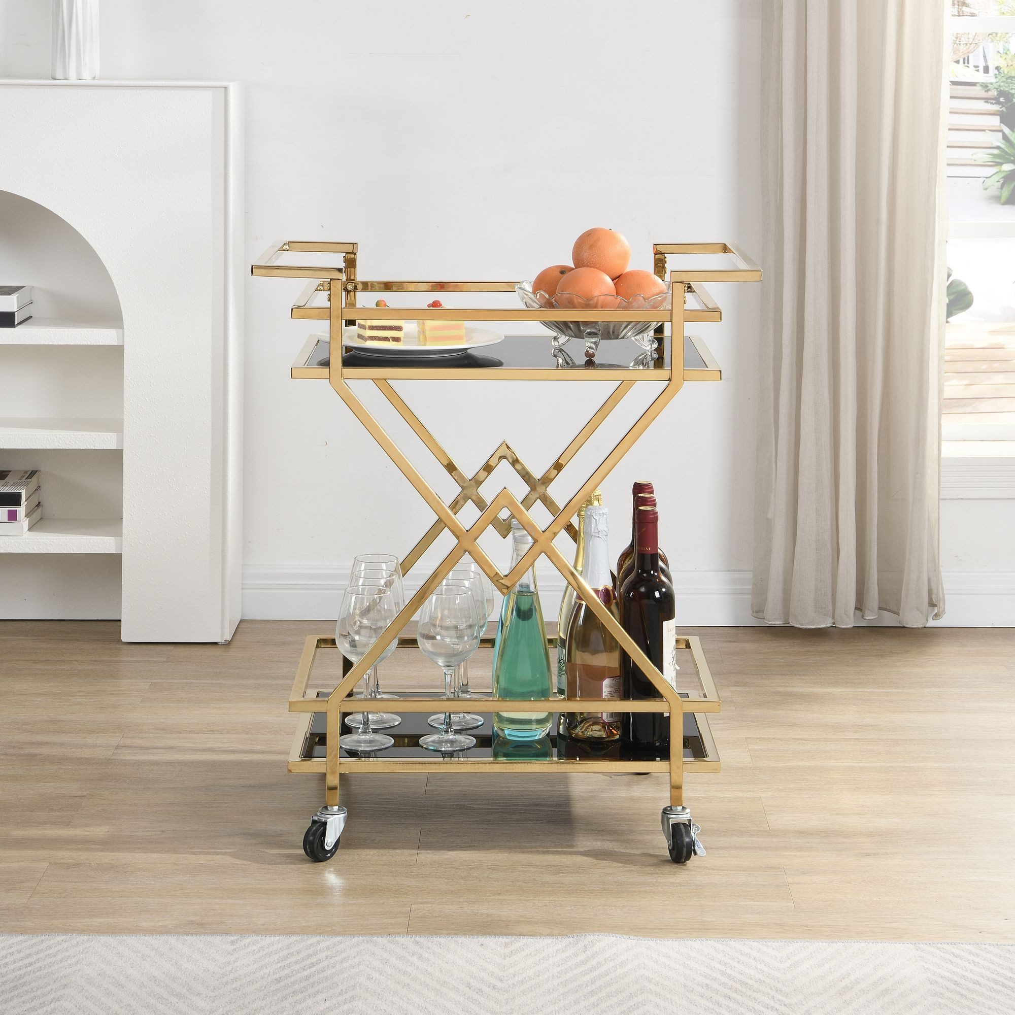 FINEBUY Servierwagen Moderner Barwagen mit Rollen Gold Glas Metall 65x80x40 günstig online kaufen
