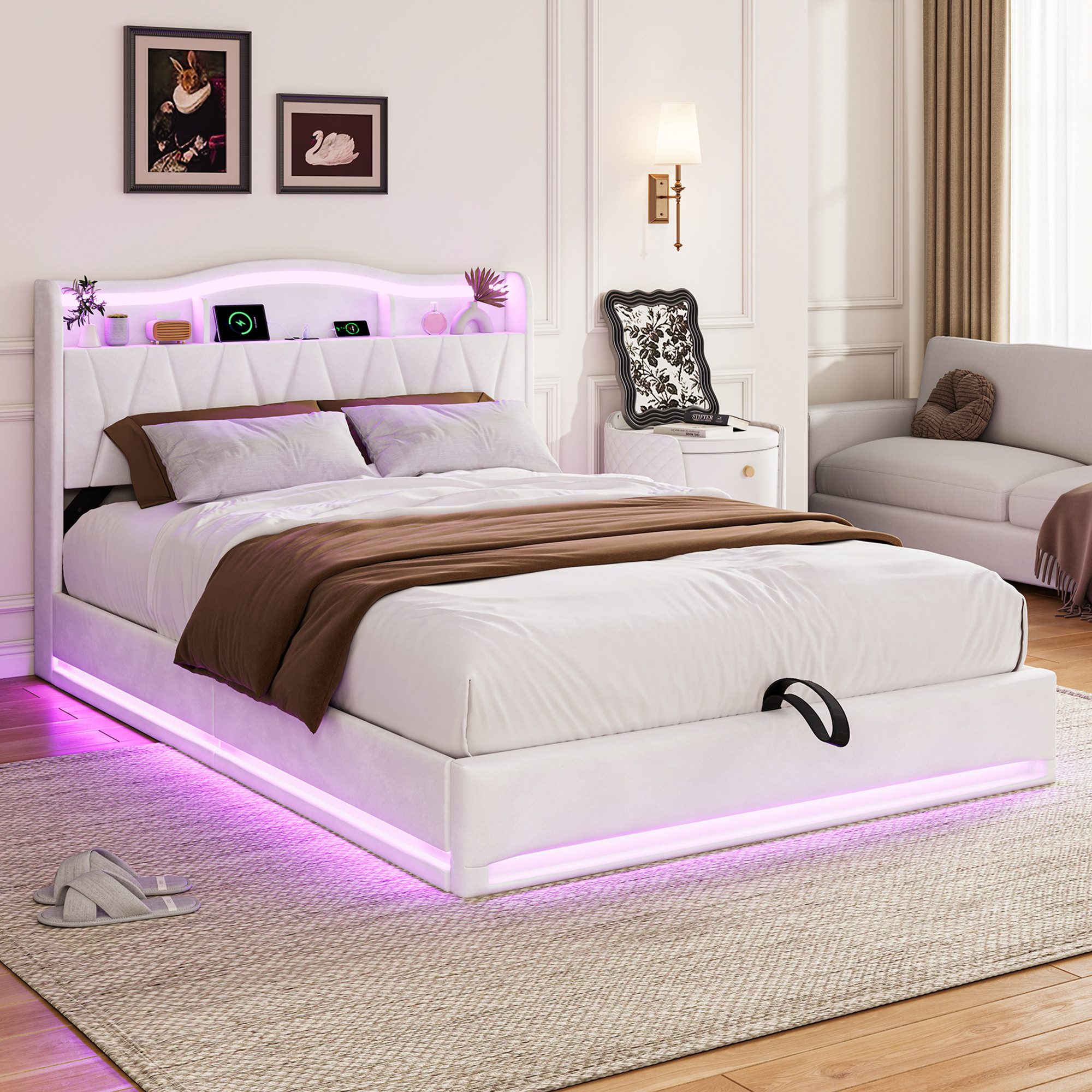 ADWOLT Polsterbett Hydraulisch Stauraumbett Doppelbett mit LED Licht (Set, 1-tlg., 160x200cm Bett Mit Ladefunktion), 162.5x217x105.5cm,Samt,Beige,ohne Matratze