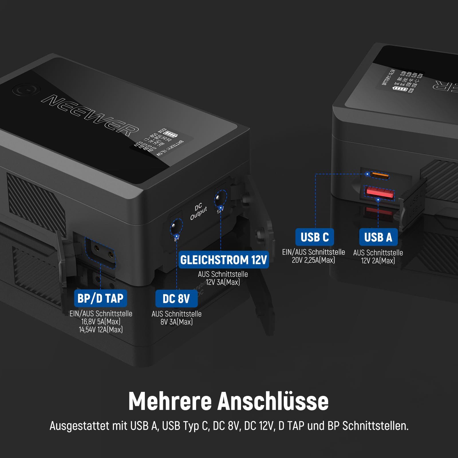 Neewer PS050E Mini V Mount Akku, 3450mAh 50Wh, OLED Bildschirm Kamera-Akku 3450 mAh (1 St), mit mehreren Anschlüssen, 45W PD Schnellladung, für Kamera Monitor