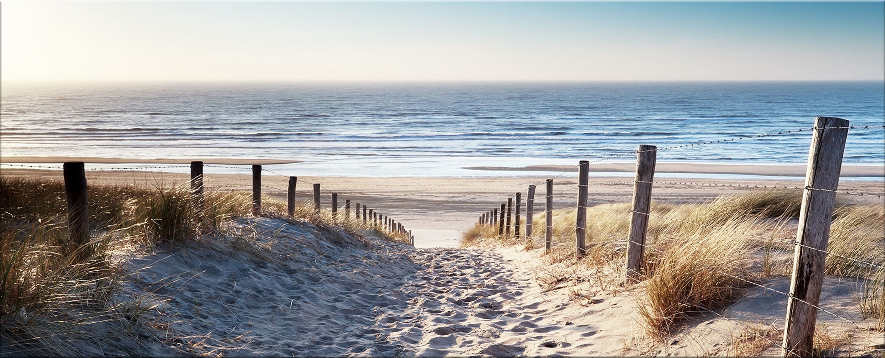 artissimo Glasbild XXL Bild aus Glas 125x50 cm / Panorama Wandbild groß / Wanddeko modern, Strand und Meer: Weg durch Dünen zum Meer