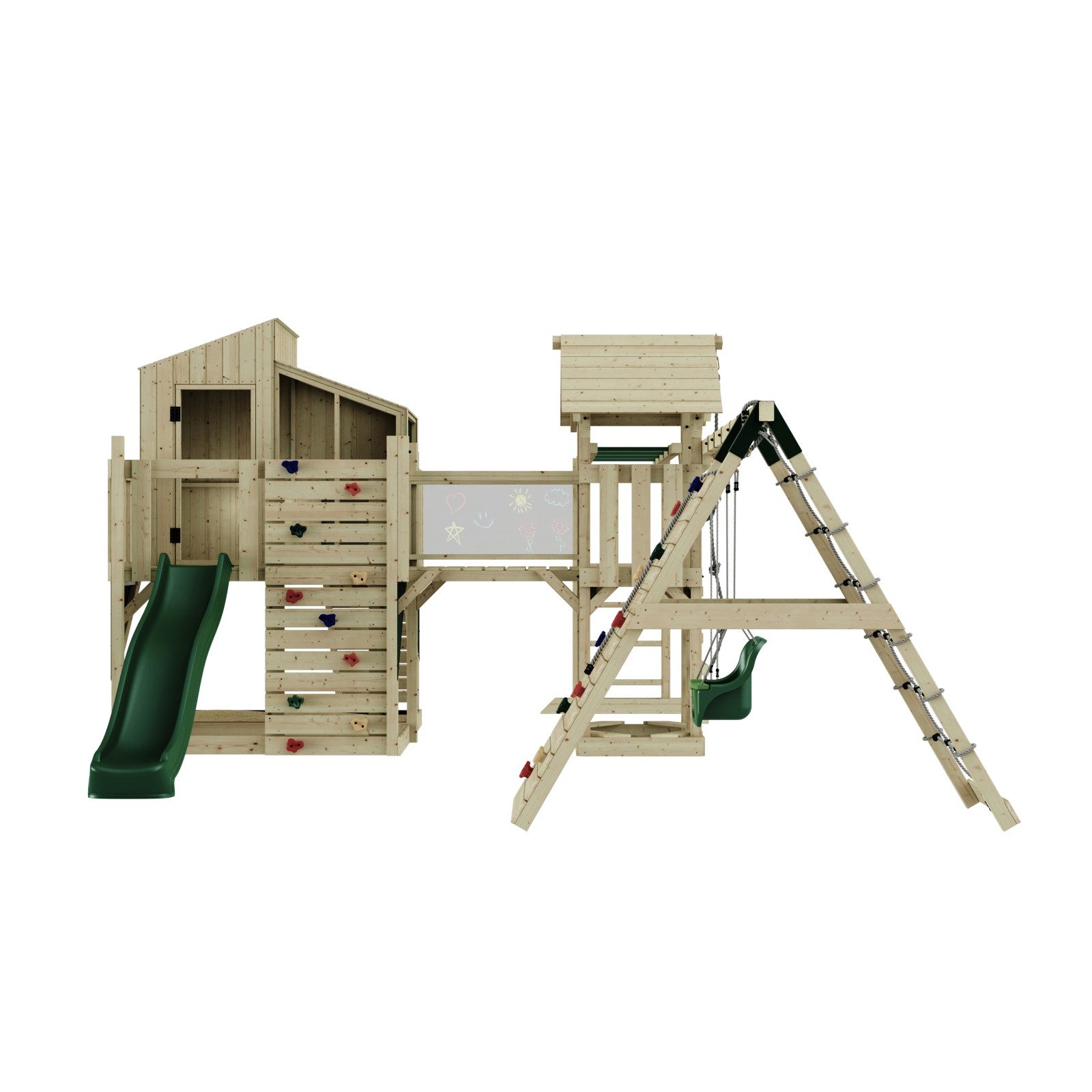 OutdoorToys Spielturm Gustav, aus Holz in Dunkelgrün mit Babyschaukel & Rutsche, Kletterwand