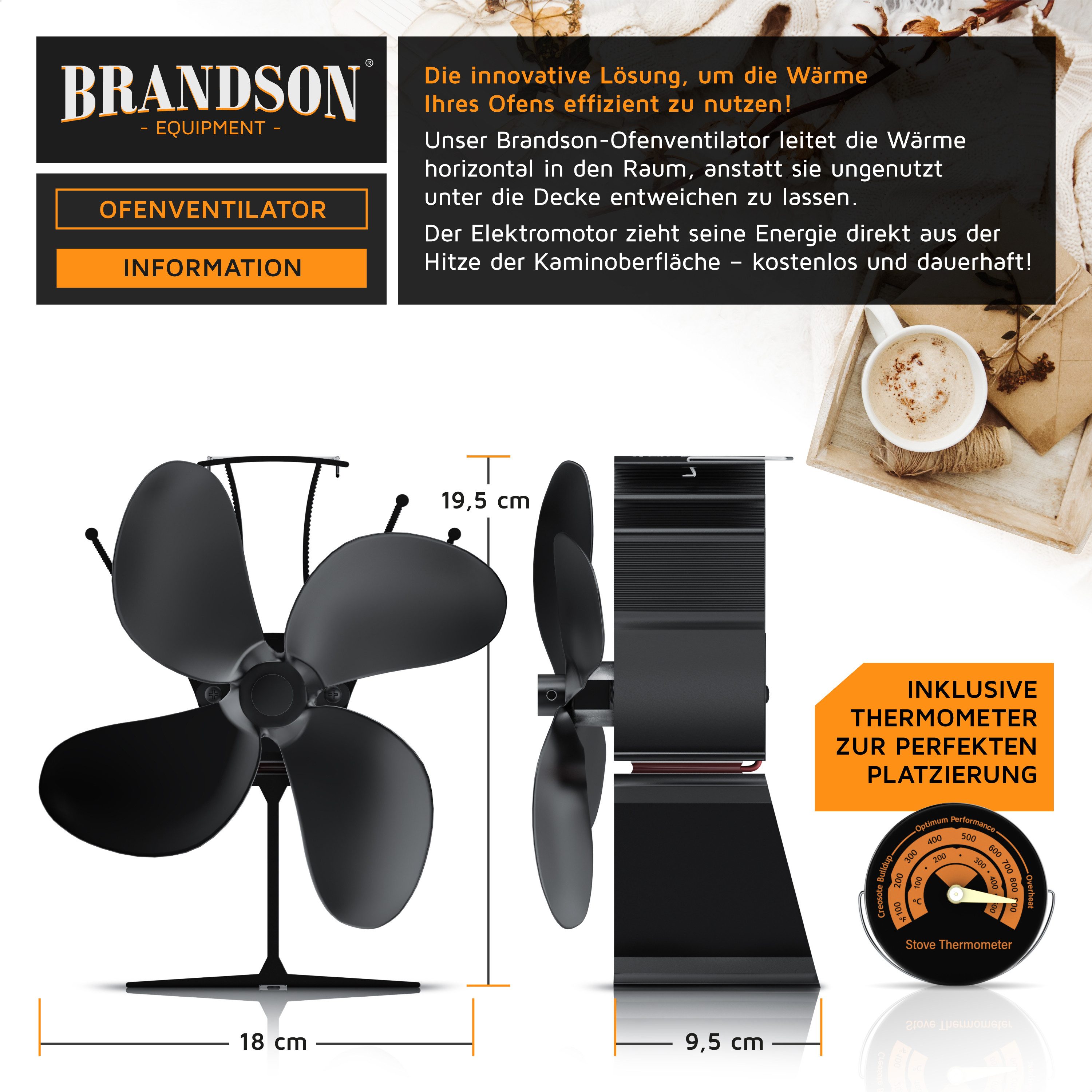 Brandson Kaminventilator Ofenventilator inkl. Thermometer für Kamin, Kaminö günstig online kaufen