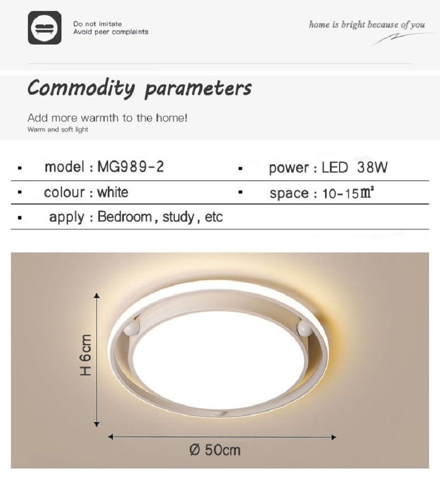 Modern Fernbedienung 38W LED fest integriert, Daskoo Warmweiß/Neutralweiß/Kaltweiß, LED Schlafzimmer, Deckenlampe Dimmbar Deckenleuchte dimmbar LED mit stufenlos Deckenleuchten