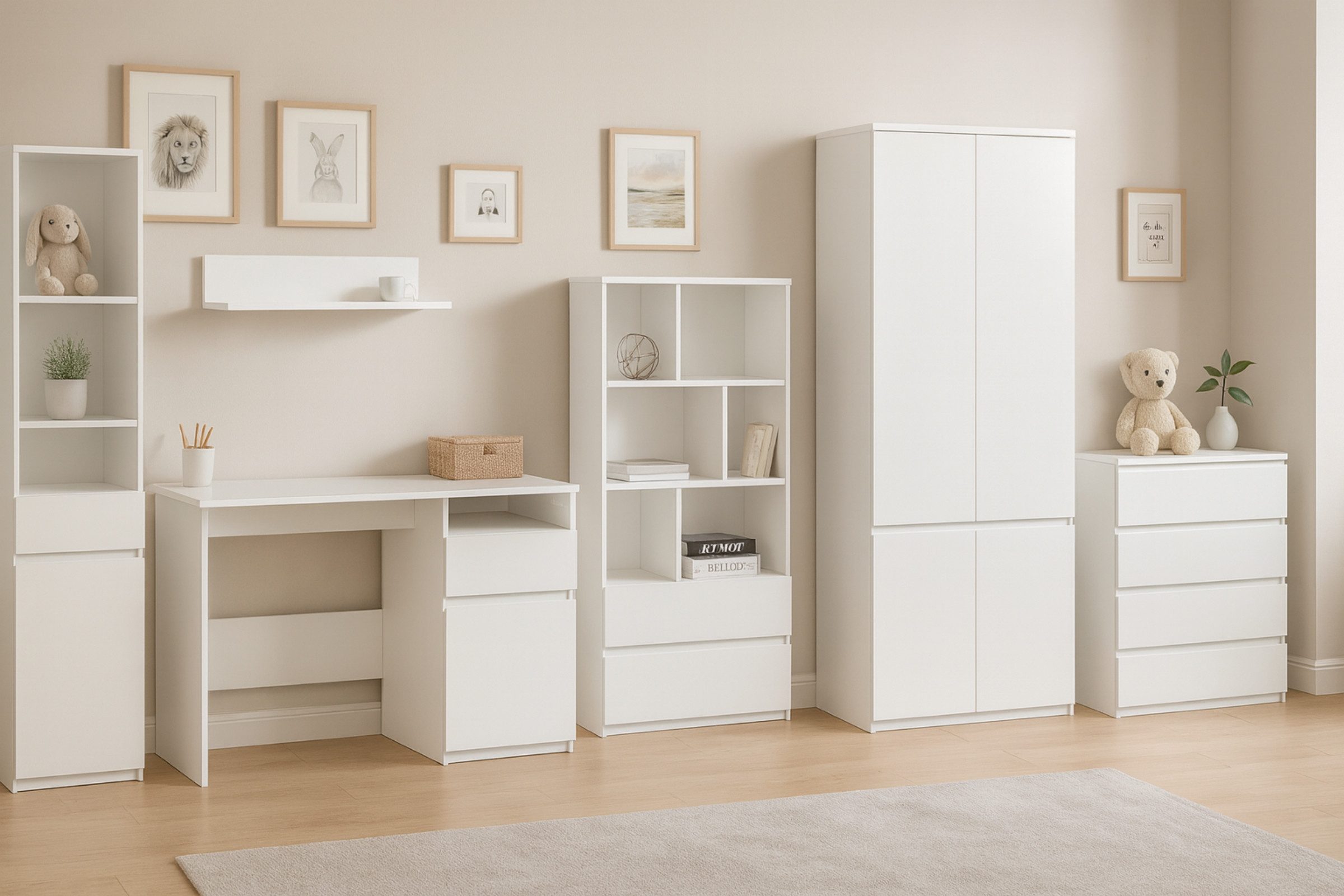Deine Möbel 24 Jugendzimmer-Set ARCO A Kinderzimmer-Set Kindermöbel Jugendmöbel, (Set, 6-tlg., Kleiderschrank Kommode Schreibtisch Regal Hochkommode Hängeregal), 1+3+7+5+4+8 Weiß Matt