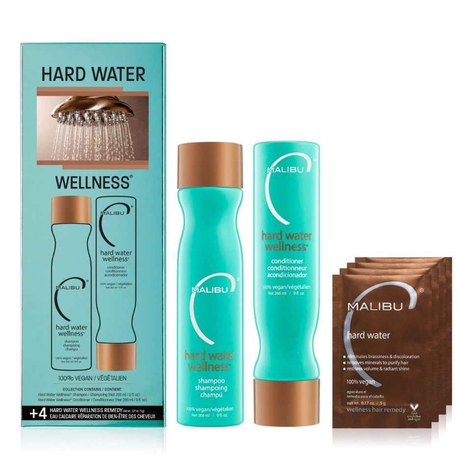 Malibu C Haarpflege-Set Hard Water Wellness Collection Shampoo 266 ml + Conditioner 266 ml, 3-tlg., Haarpflege-Set gegen hartes Wasser