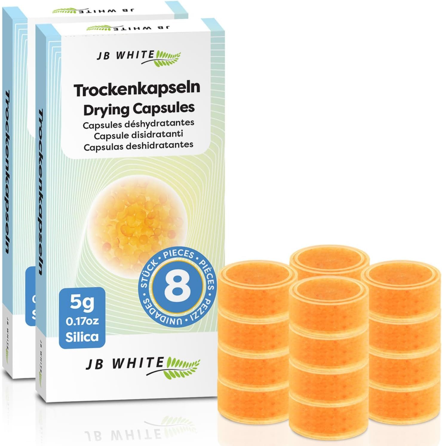 JB White Cerumenfilter Trockenkapseln 5g für Hörgeräte (8 / 16 / 24), Kieselgel-Perlen mit Farbindikator zur Entfeuchtung, 100% kompatibel z