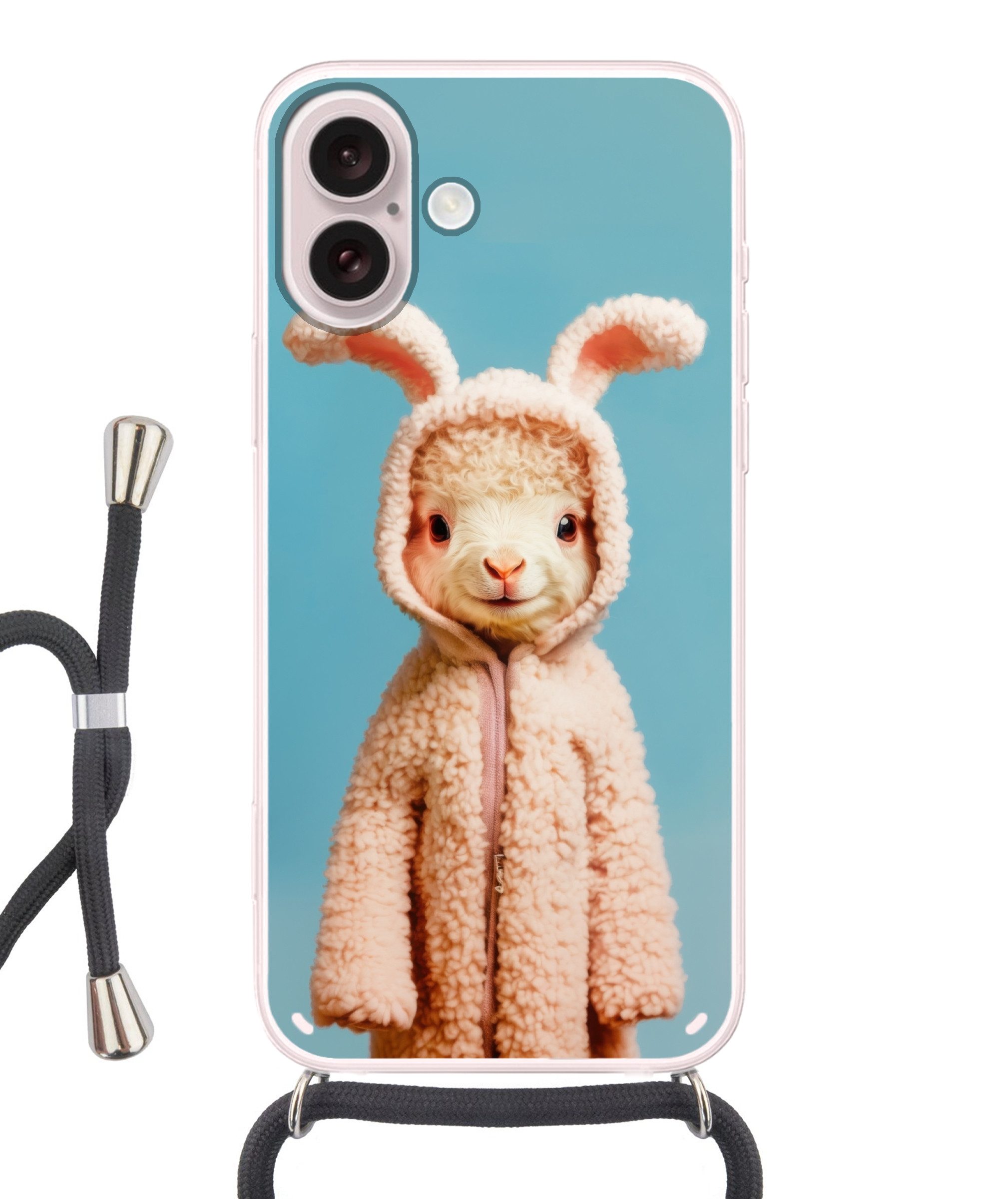 MuchoWow Handyhülle für Apple iPhone 16 Lamm - Osterhase - Kostüm, Tragbare Handyhüllen mit Kette zum umhängen, Handykette Handyband