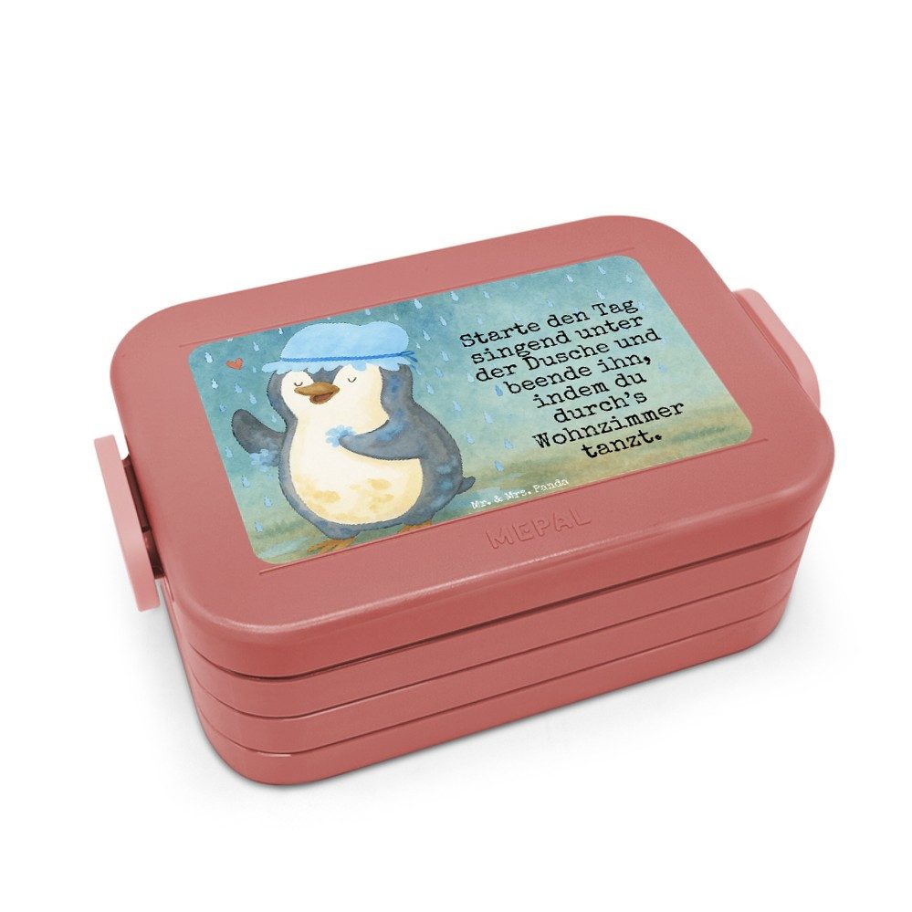 Mr. & Mrs. Panda Butterdose Pinguin Duschen Design, Vesperbox, Rot Pastell, Tanzen, Singen, Bento, Polypropylen lebensmittelecht, (Packung), Snackbox Tanzen Frischhaltedose
