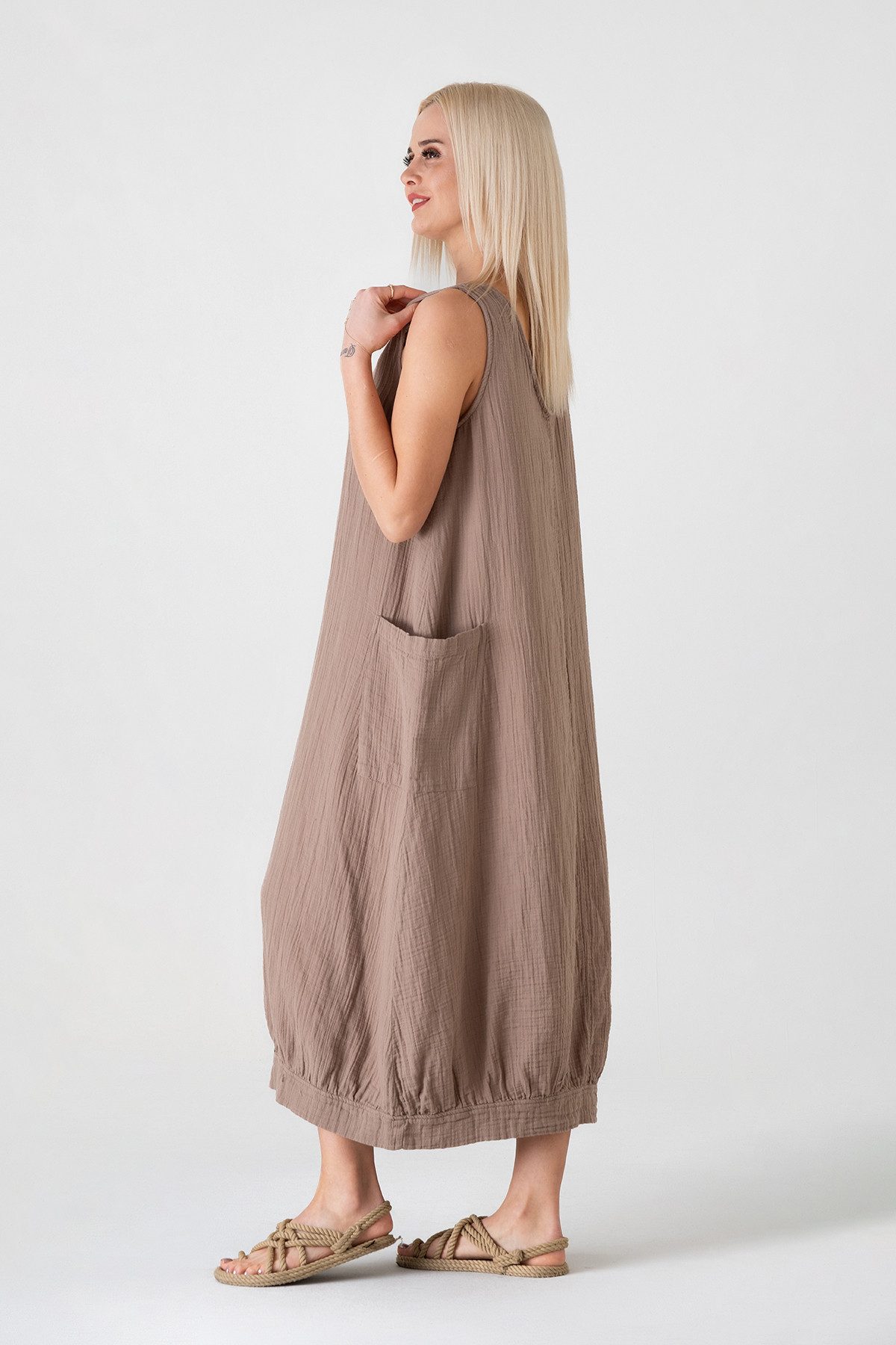 WENOR Sommerkleid Damen Musselin Strandkleid ärmellos 100 % Baumwolle mit Taschen Ballon-Saum, große Taschen, Einheitsgröße