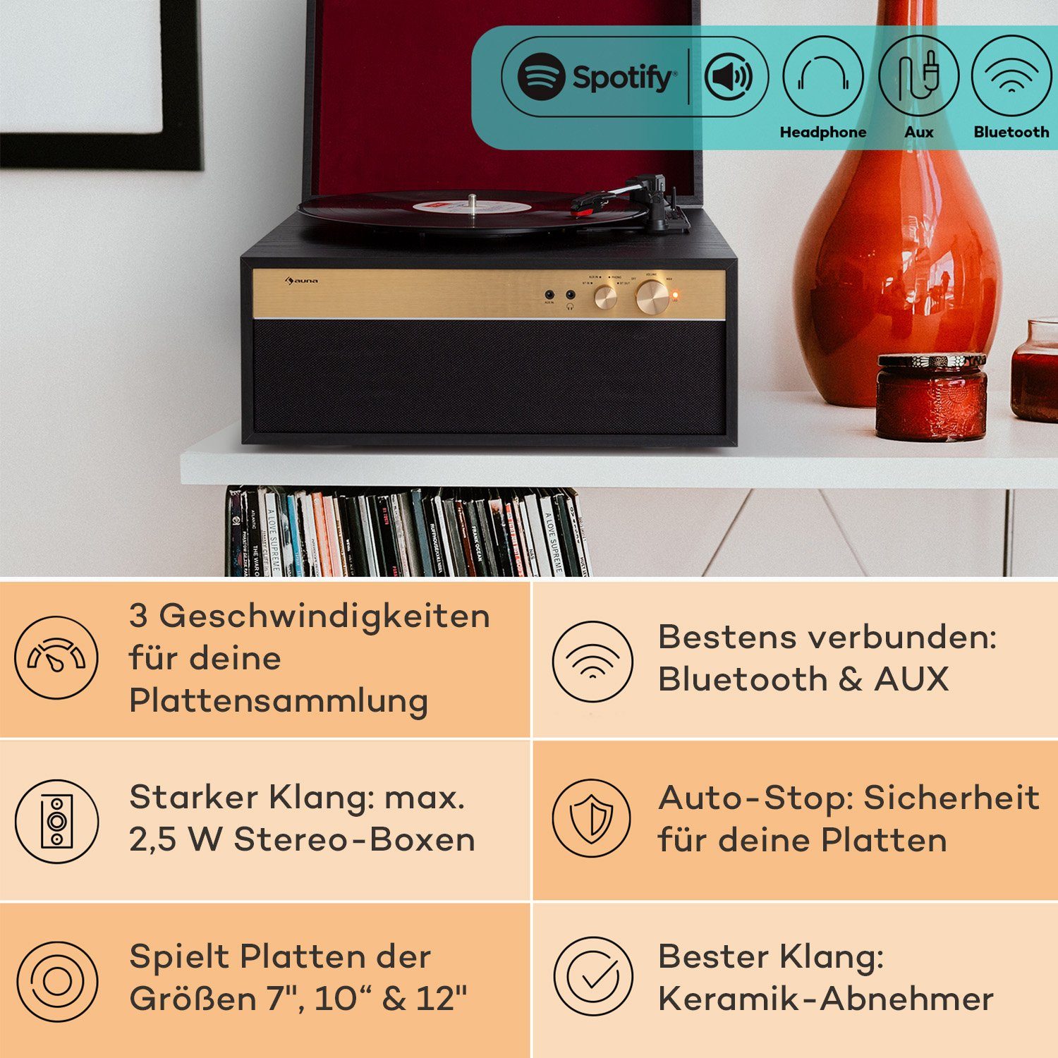 Auna Berklee TT Case Plattenspieler (Riemenantrieb, Bluetooth, Bluetooth lautsprecher Kopfhöreranschluss AUX IN Holz)