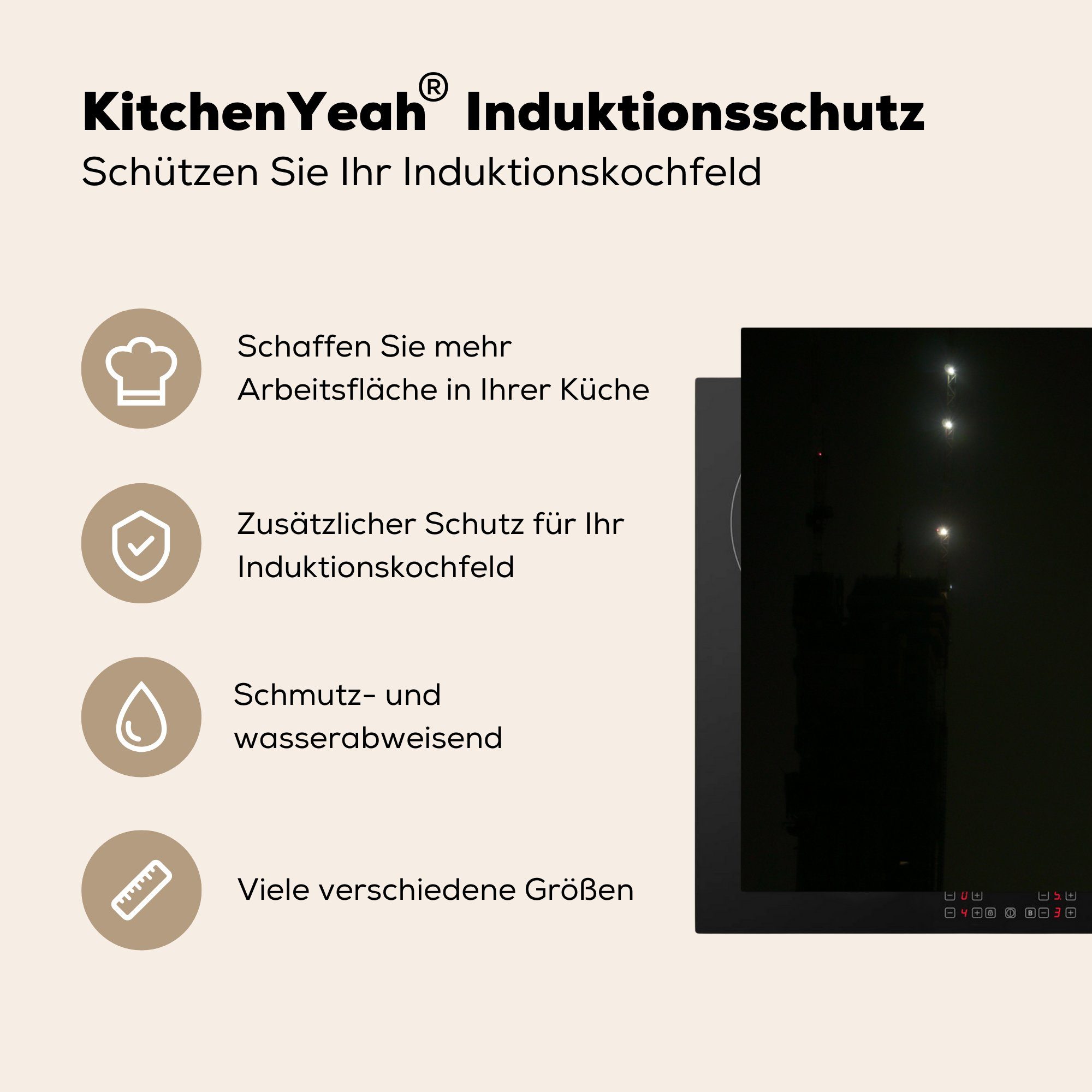 83x51 Schwarz Ceranfeldabdeckung, MuchoWow Vinyl, für - tlg), (1 Herdblende-/Abdeckplatte - Stadt, cm, Mond Arbeitsplatte küche