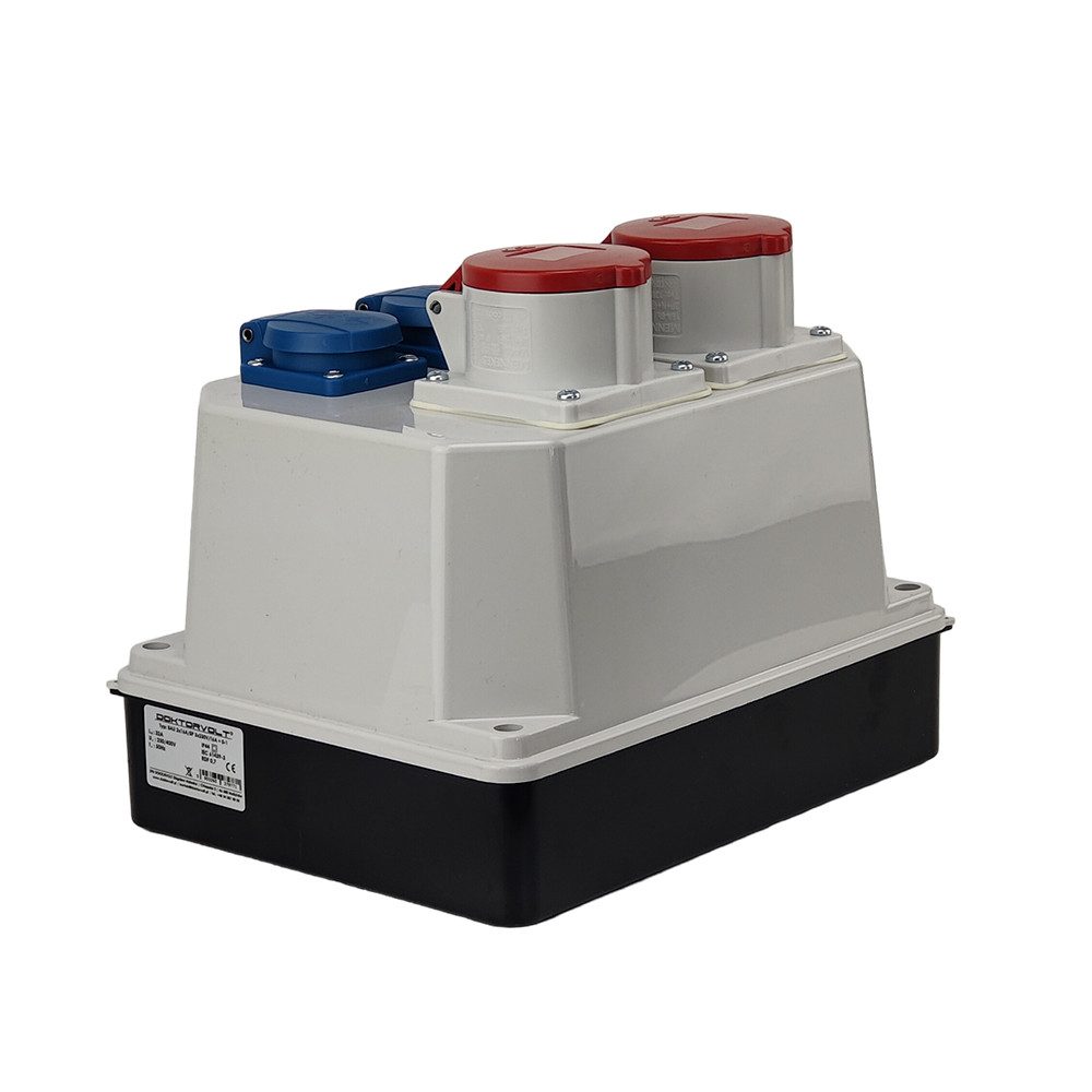 Doktorvolt Stromverteiler BAU 2x16A 3x230V mit Trennschalter 0-1 32A Steckdosenverteiler 5-fach (1 x Trennschalter ML0 32A 4P IP54), ausgestattet mit Mennekes-Steckdosen