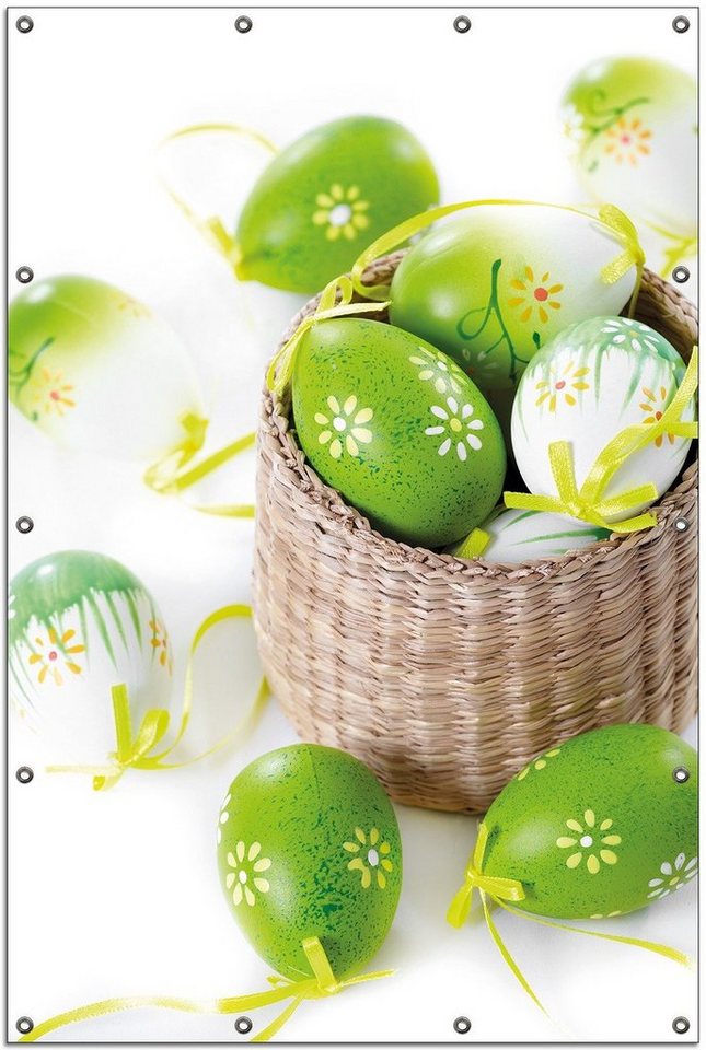 Thumbnail - Wallario Sichtschutzzaunmatten Ostergruß - bunte bemalte Ostereier in einem kleinen Körbchen, rund