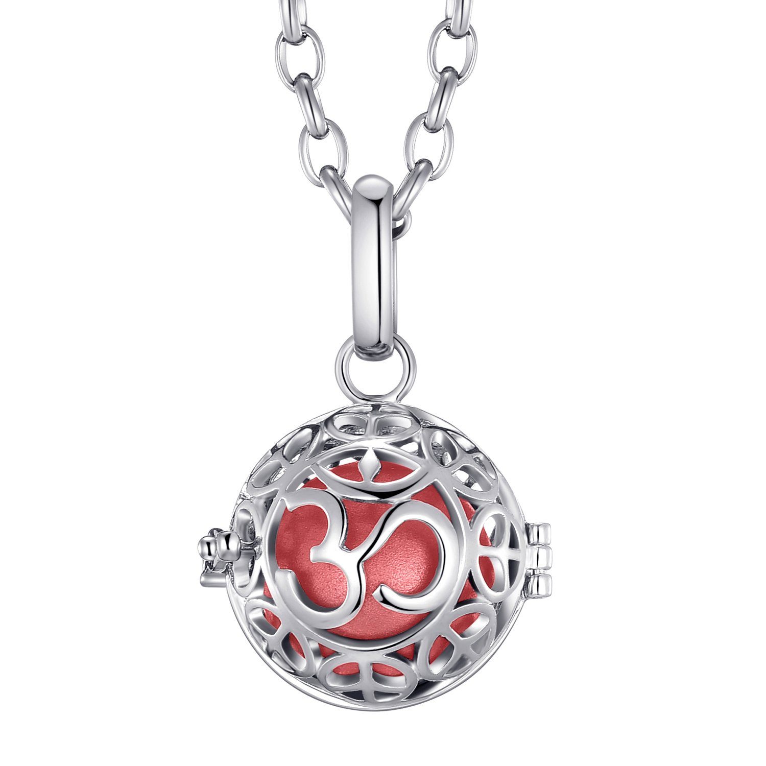 Morella Kette mit Anhänger Engel Halskette 70 cm mit Anhänger (2-tlg., Kette inkl. Klangkugel und Samtbeutel), Silberne Kette, Om Symbol, austauschbare Klangkugel, im Samtbeutel