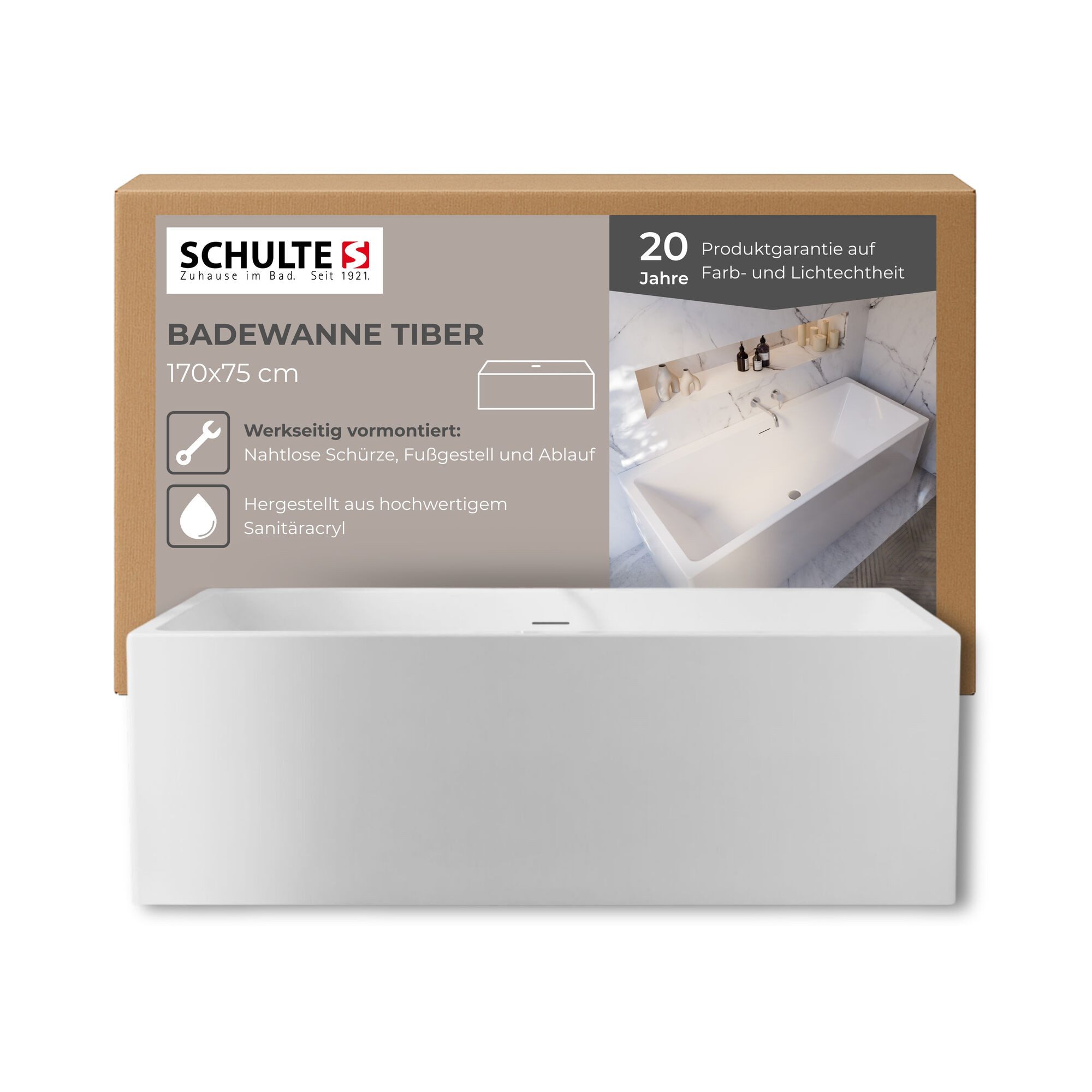 Schulte Badewanne Tiber Vorwand, Sanitäracryl, Weiß, (Komplett-Set mit Fußgestell, Ablauf und vormontierter Schürze), 170x75 cm