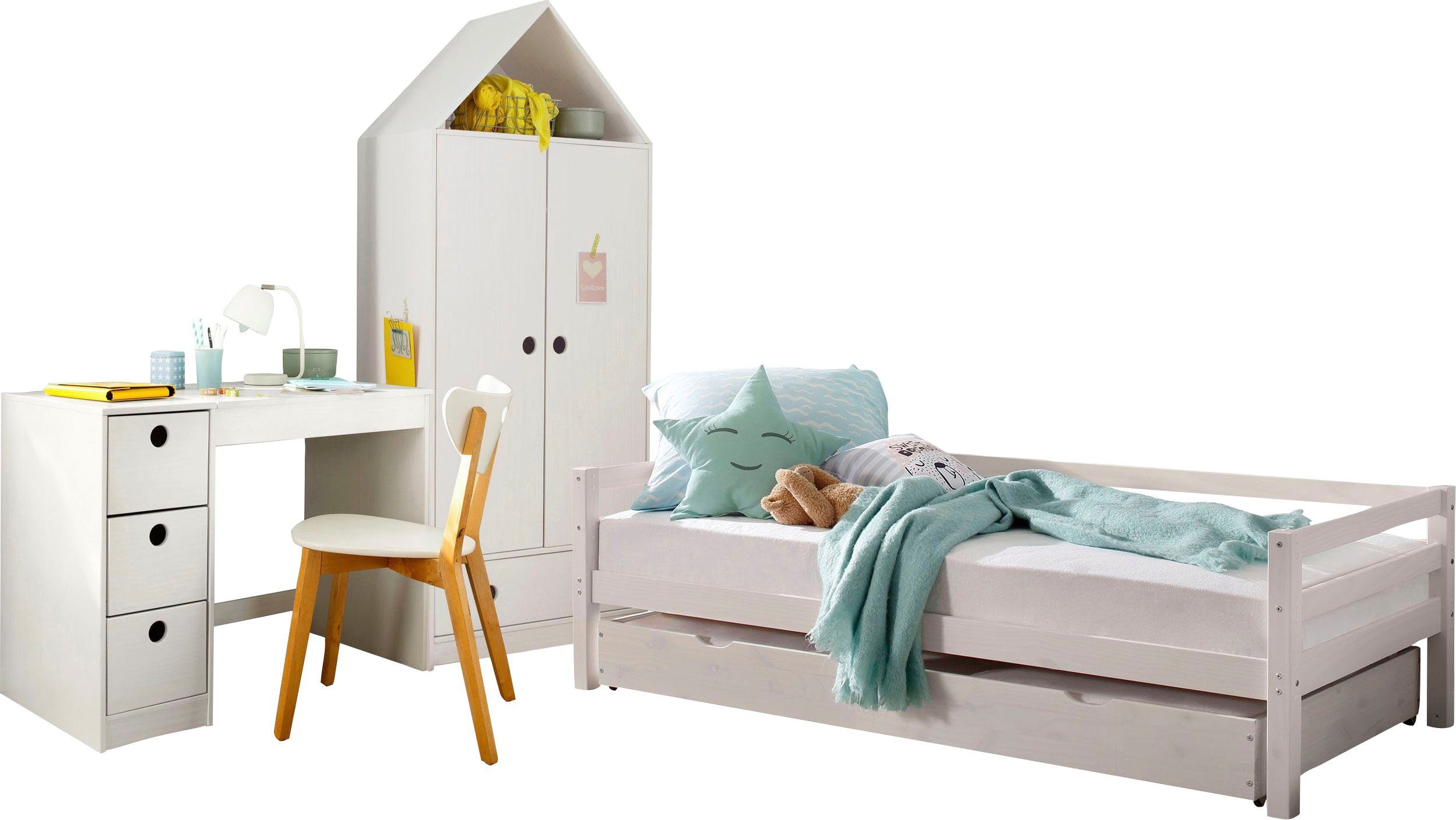 Daybed, Kleiderschrank Jugendzimmer-Set Schreibtisch Lüttenhütt Stauraum (Spar-Set, und in Hausoptik mit 3-St), Alpi, weiß