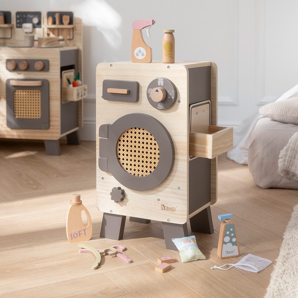 howa Kinder-Waschmaschine, aus Holz Spielzeug Waschmaschine mit drehbarer Trommel