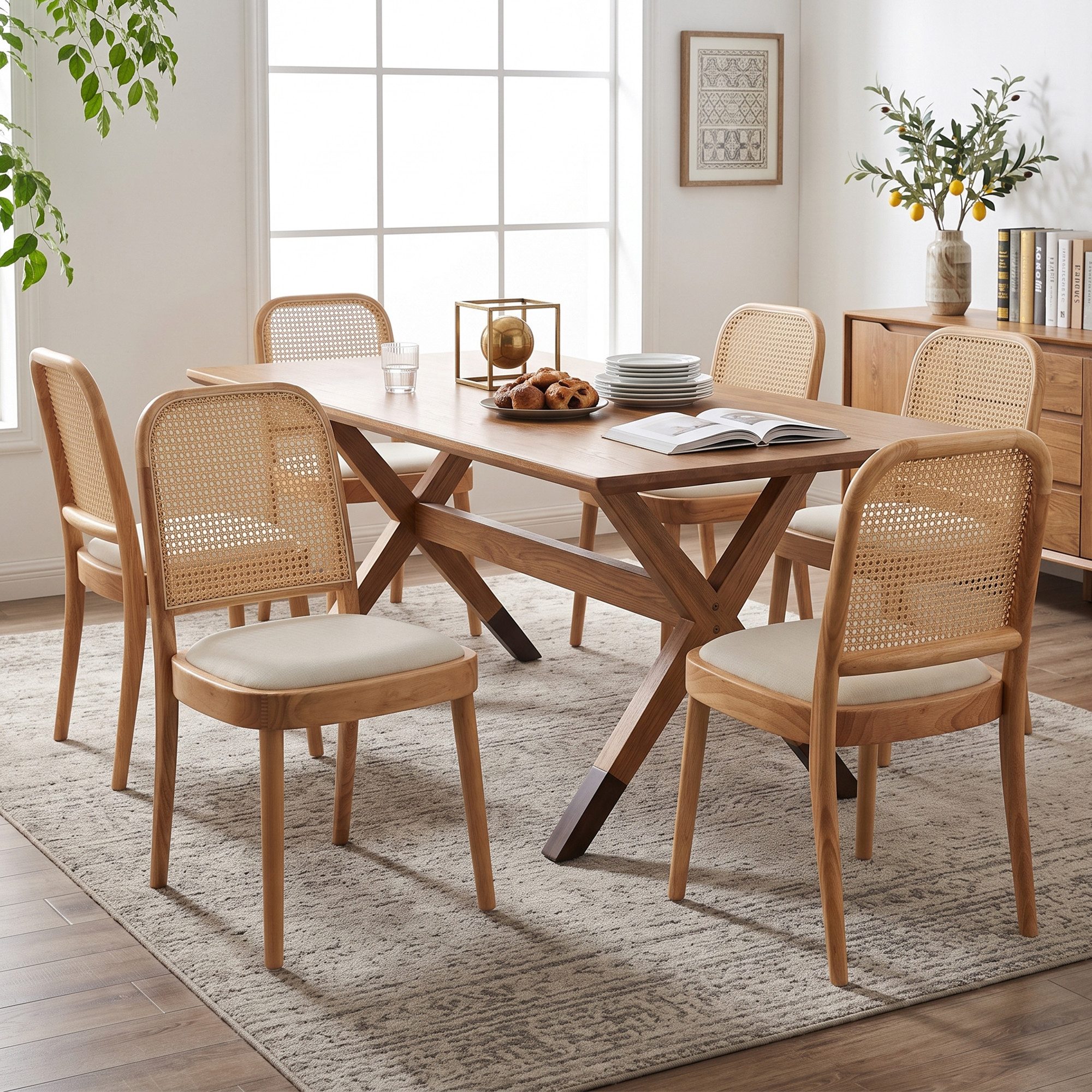 Flieks Esszimmerstuhl Gestell aus Massivholz, Rattan-Rückenlehnen & Leinen-Sitzfläche (Set, 6 St), 6er Set Polsterstühle Rattanstuhl Wohnzimmerstuhl Beige&Natur