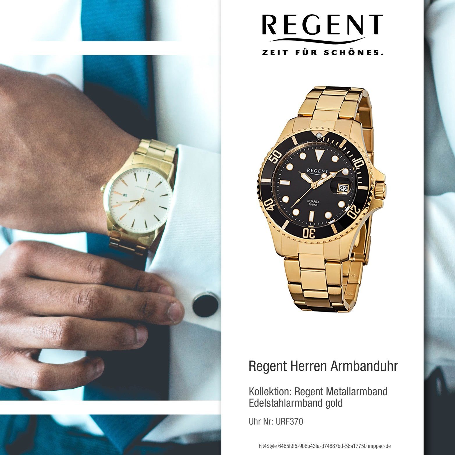 Regent Quarzuhr Regent groß Uhr Herrenuhr (ca. 40mm) F-370 Stahl rundes ionenplattiert Herren Quarzuhr, Edelstahl, Gehäuse