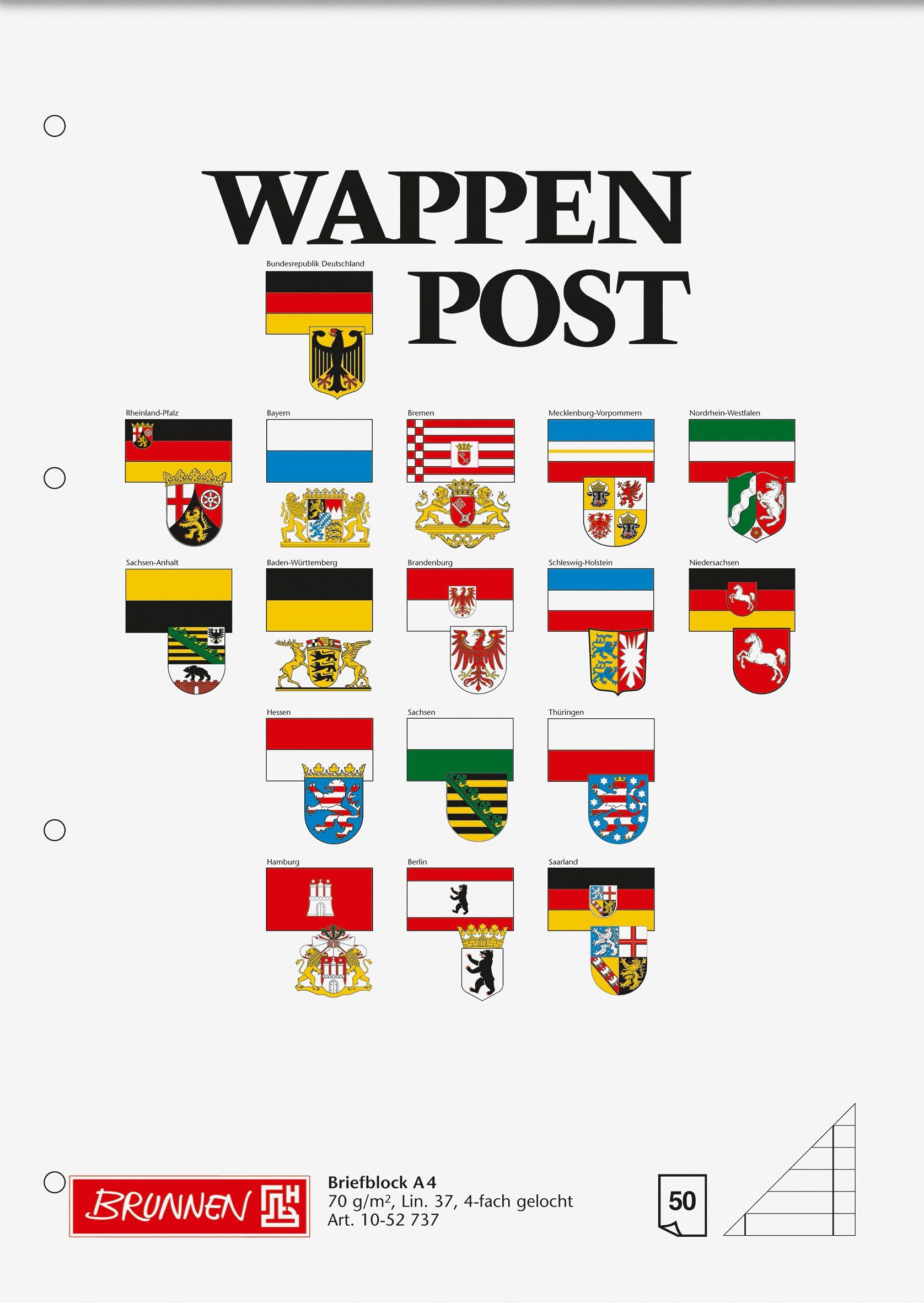 BRUNNEN Hefter Block "Wappen-Post" A4 liniert, mit Randlinie innen und außen, Lin. 37