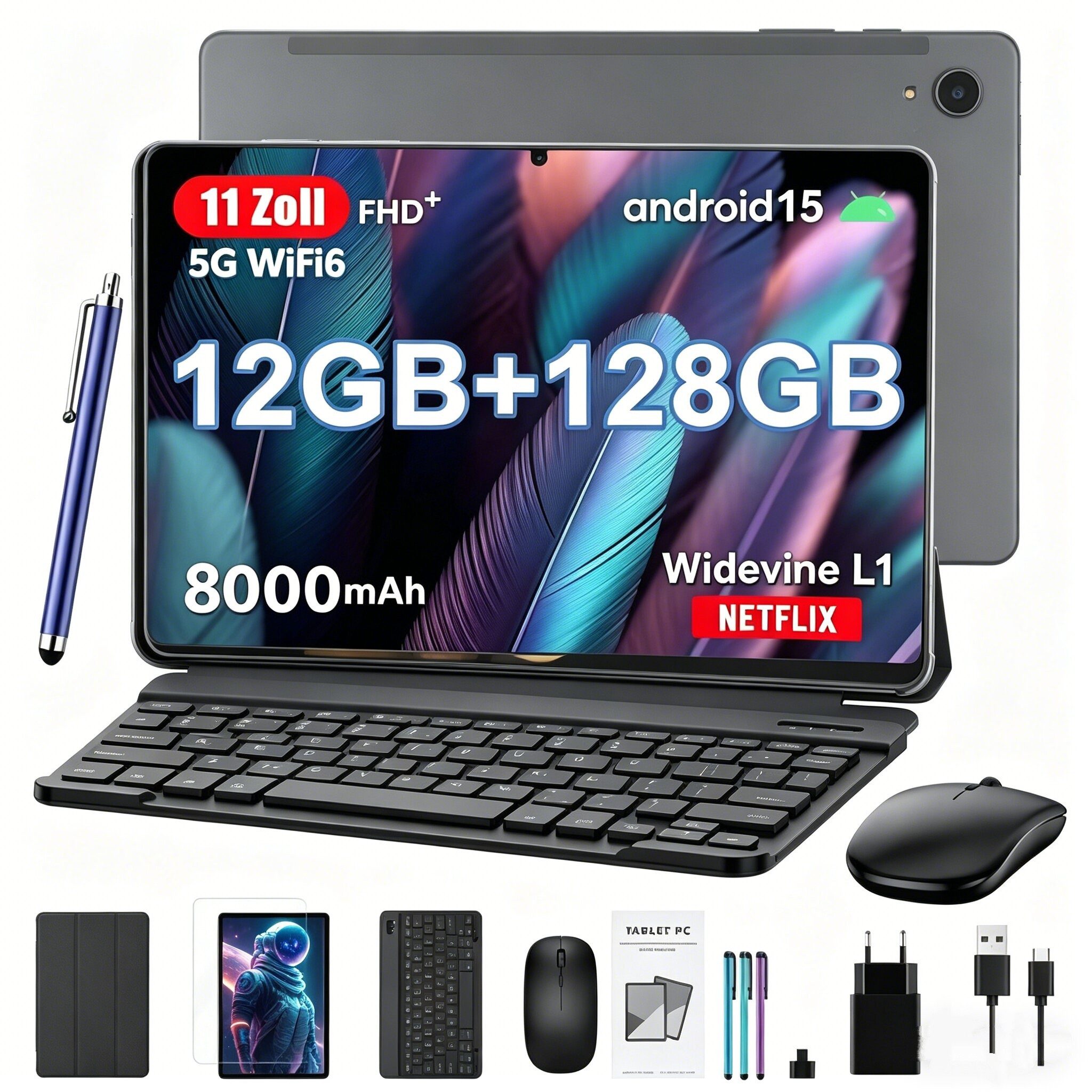 oyajia R95 11 Zoll Android 15 Octa-Core-Prozessor (12+128)GB 8000mAh 16MP+8MP Tablet (10.1", 128 GB, Android 15, 2G (GSM), 3G (WCDMA), 4G (LTE), WIFI5, GPS SIM-Kartenslot, Gesichtserkennung, Ledertasche für Tastatur)