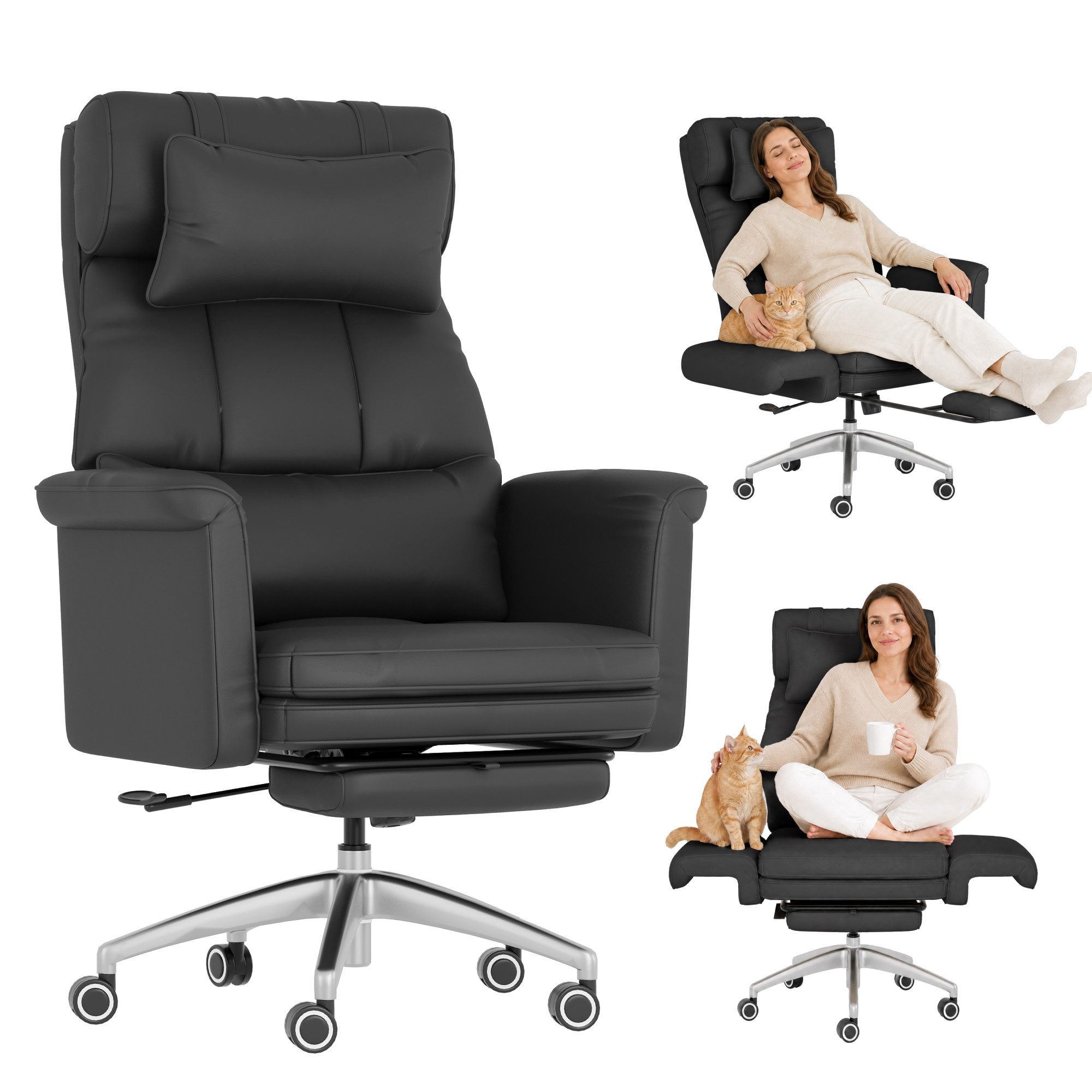 FLEXISPOT Stuhl Haustierfreundlicher Bürostuhl Chefsessel mit 180° Klapparmlehnen (Erweiterbare Sitzfläche bis 112 cm, kratzfestem Katzenkrallenleder, Fußstütze und verstellbarer Kopfstütze), Höhenverstellbarer Schreibtischstuhl für Homeoffice & Büro