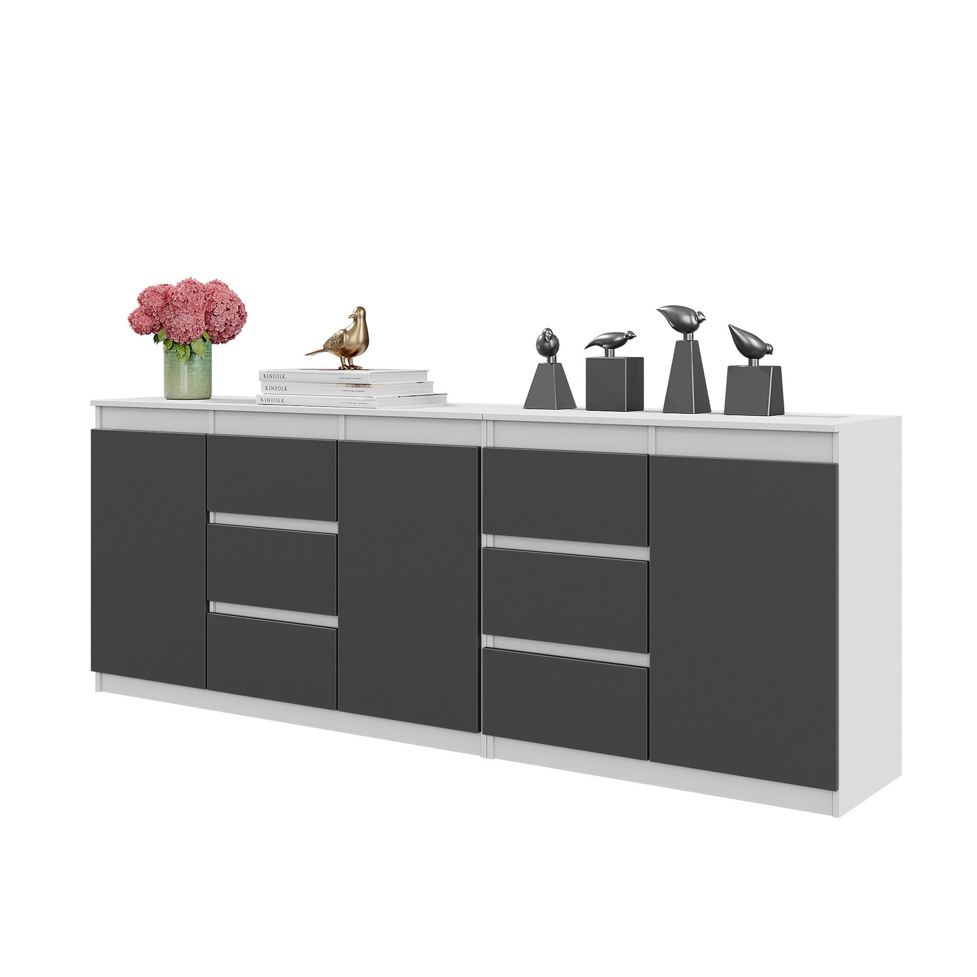 Furnica Kommode MIKEL, 6 Schubladen und 3 Türen - Weiß Matt H75cm B200cm T35cm