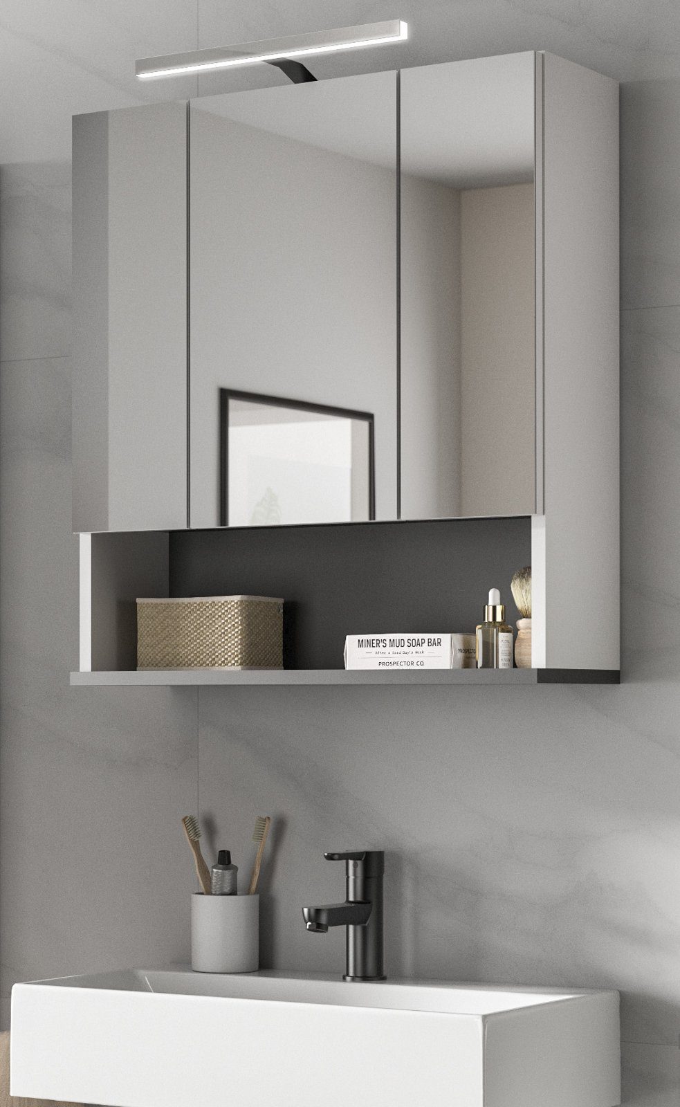 xonox.home Badezimmerspiegelschrank Rocket (Badschrank weiß mit grau Anthrazit, 60 x 68 cm) 3-türig | Spiegelschränke