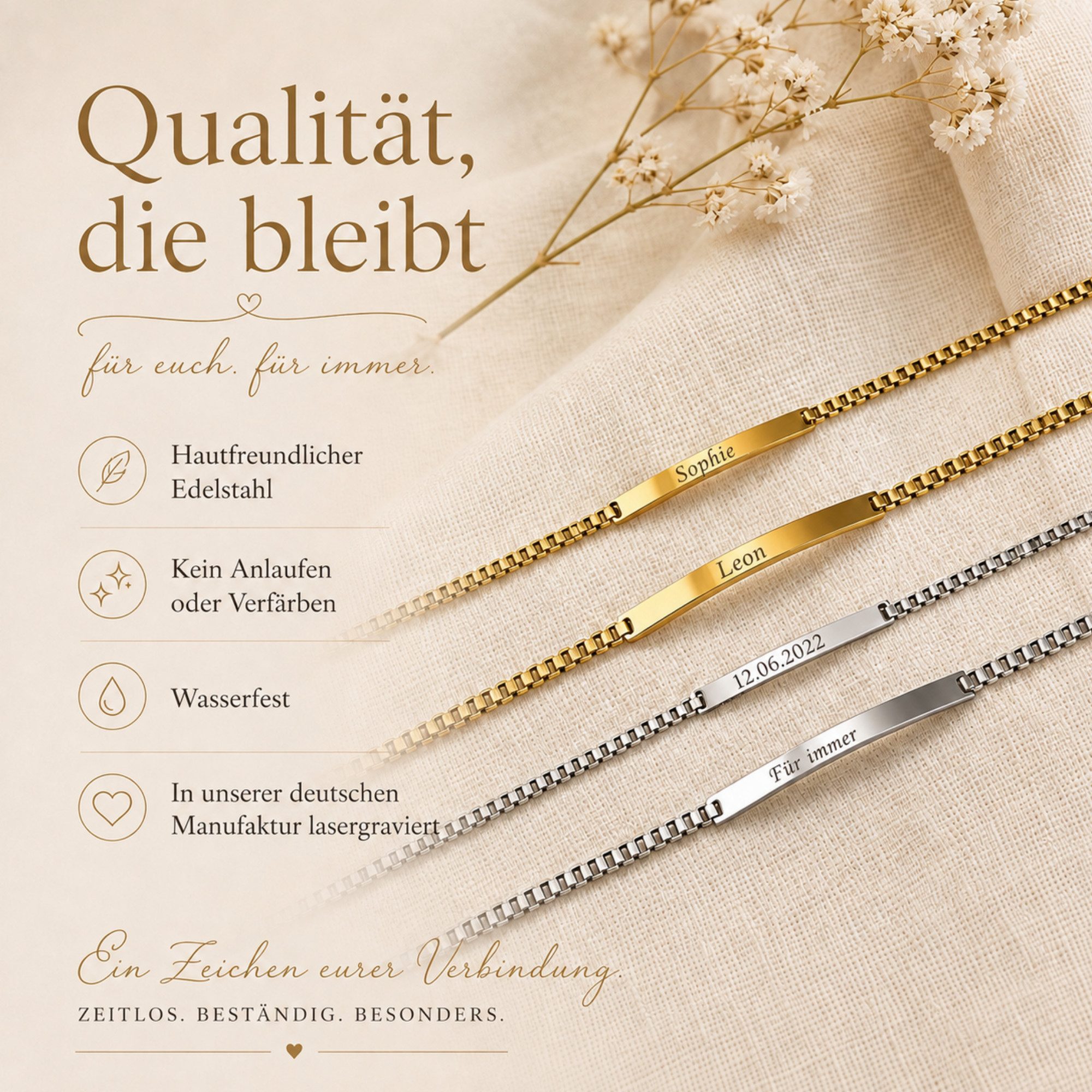 BS Schmuckdesign Armband mit Gravur Partnerarmband Set mit persönlicher Gravur für Paare Edelstahl (2-tlg., personalisiert), Größenverstellbar – Bild 4 von 5