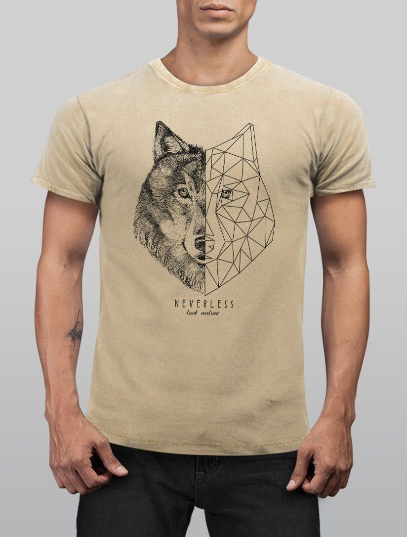 Kunst Aufdruck Neverless® Tiermotiv natur Look Grafik Vintage Shirt Print mit Printshirt Print-Shirt Neverless Wolf T-Shirt Herren Polygon Used