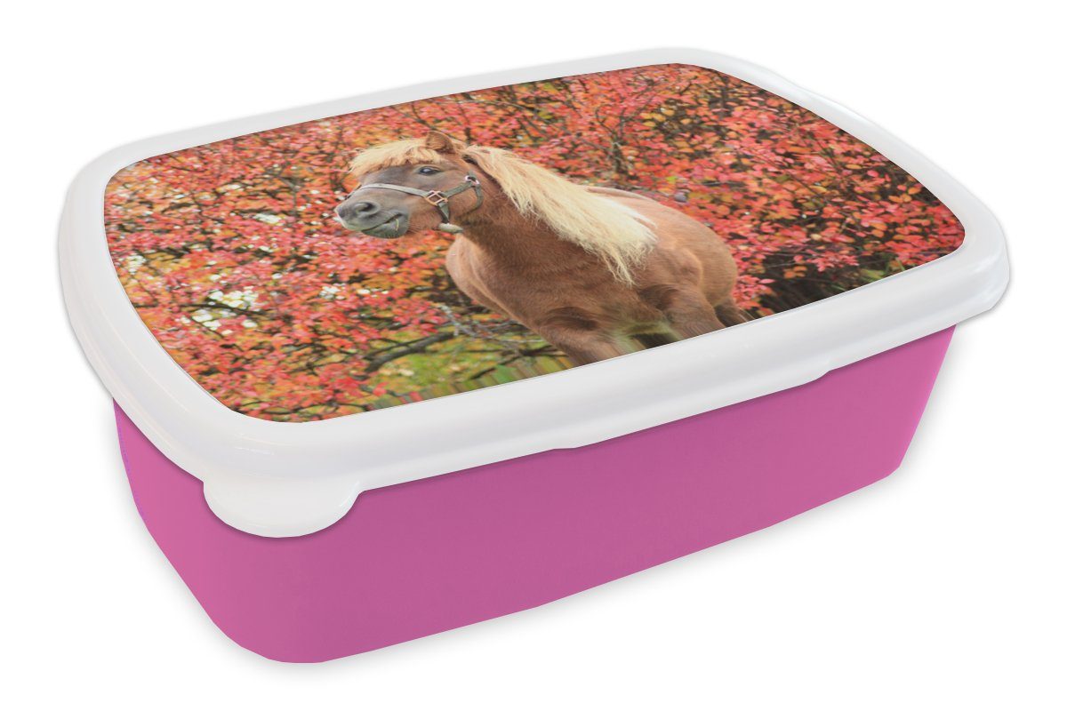 MuchoWow Lunchbox Pferd Erwachsene, - Brotdose Pony (2-tlg), Brotbox Herbstblätter, Snackbox, Kinder, Kunststoff, - für Kunststoff Mädchen, rosa