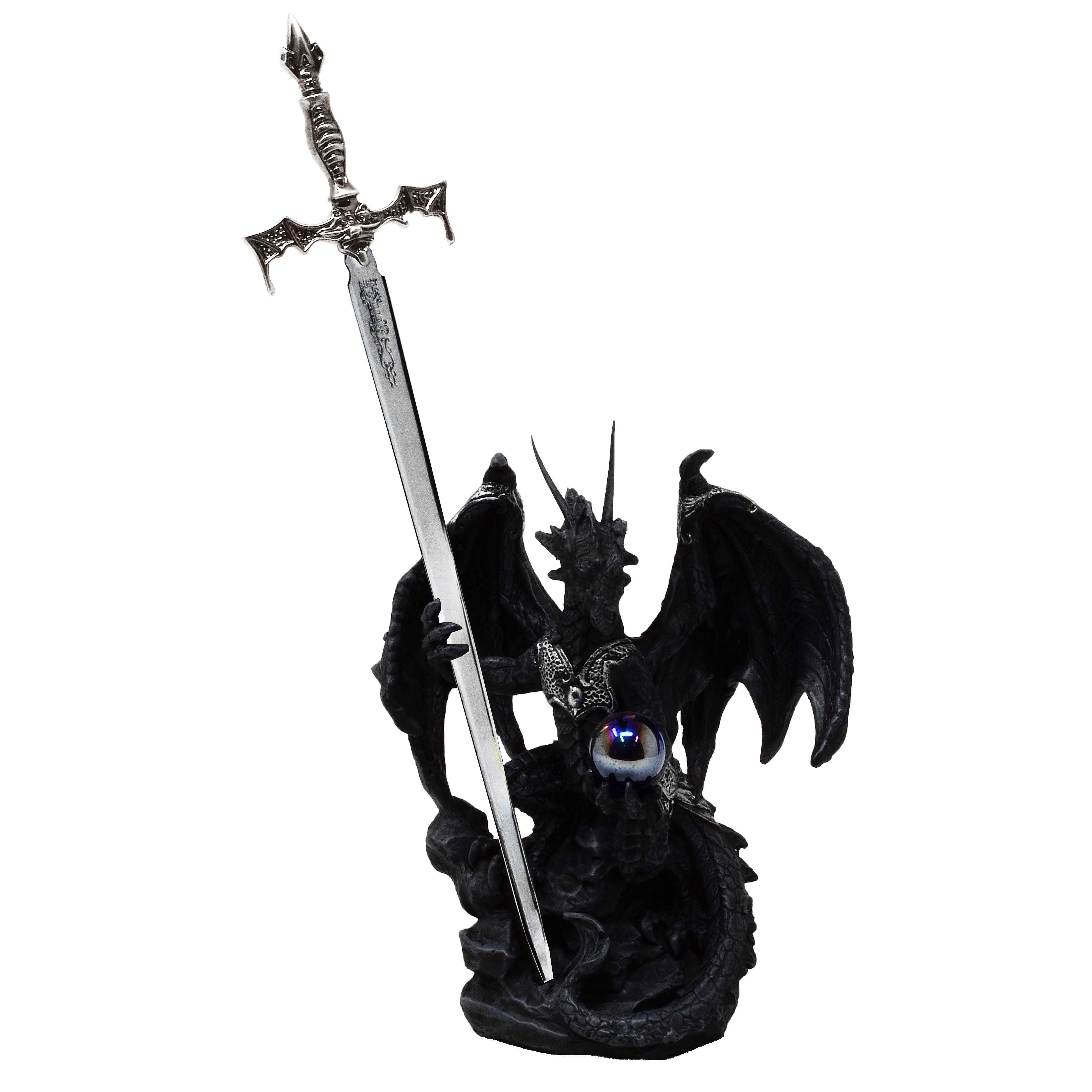 MystiCalls Fantasy-Figur Schwarzer Drache mit Brieföffner Drachenfigur Fantasy Figur Schwert (1 St), Mit herausnehmbaren Brieföffner