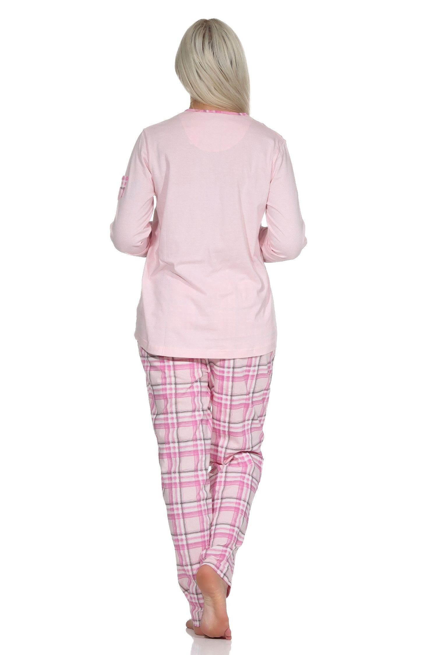 Normann Pyjama Damen aus Jersey rosa Schlafanzug mit Hose karierter langarm Pyjama