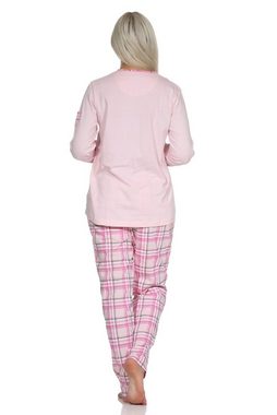 Normann Pyjama Damen Schlafanzug langarm Pyjama mit karierter Hose aus Jersey