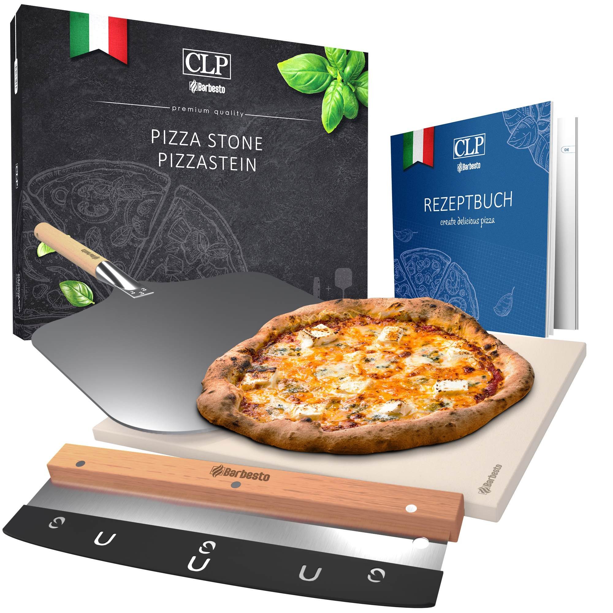 CLP Pizzastein Pizzastein-Set, Cordierit, (1er), mit Rezept-Buch für Backofen & Grill