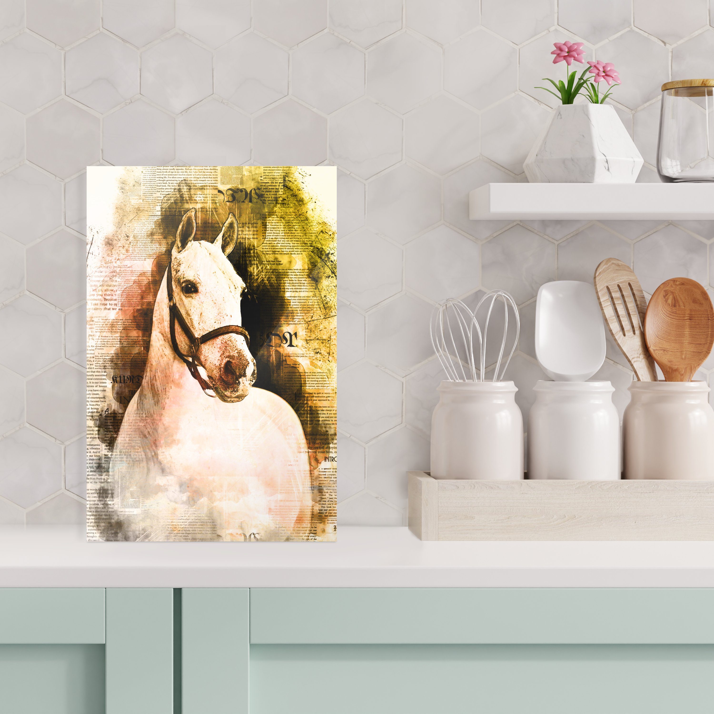 - Mädchen, auf - St), Foto Mädchen Weiß - Acrylglasbild Wandbild Kinder - Pferd (1 MuchoWow Glas - auf - Bilder Wanddekoration - Glas Zeitung Glasbilder -