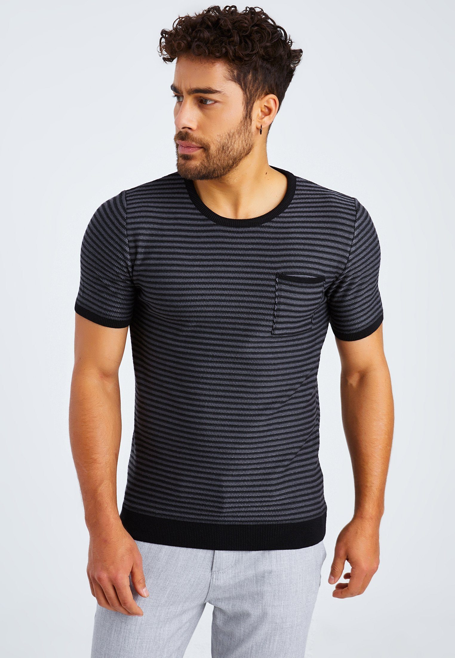 LN-7650 Rundhals schwarz-anthrazit normal Leif T-Shirt Nelson