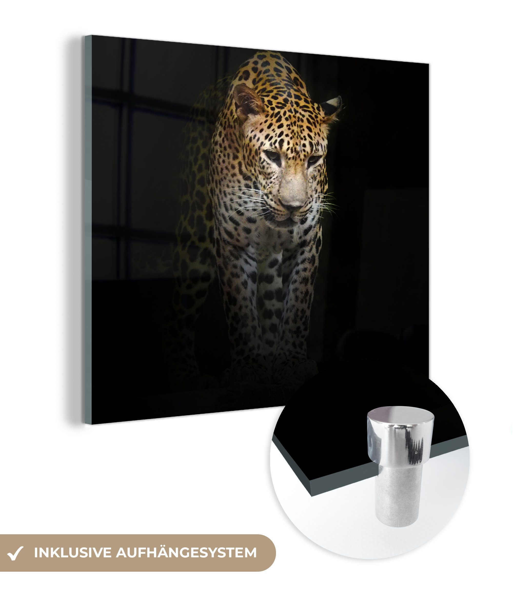 MuchoWow Acrylglasbild Leopard - Reflexion - Schwarz, Inkl. Aufhängung, Bilder auf Glas Wandbild, Wanddeko Wohnzimmer Badezimmer, 20x20 cm