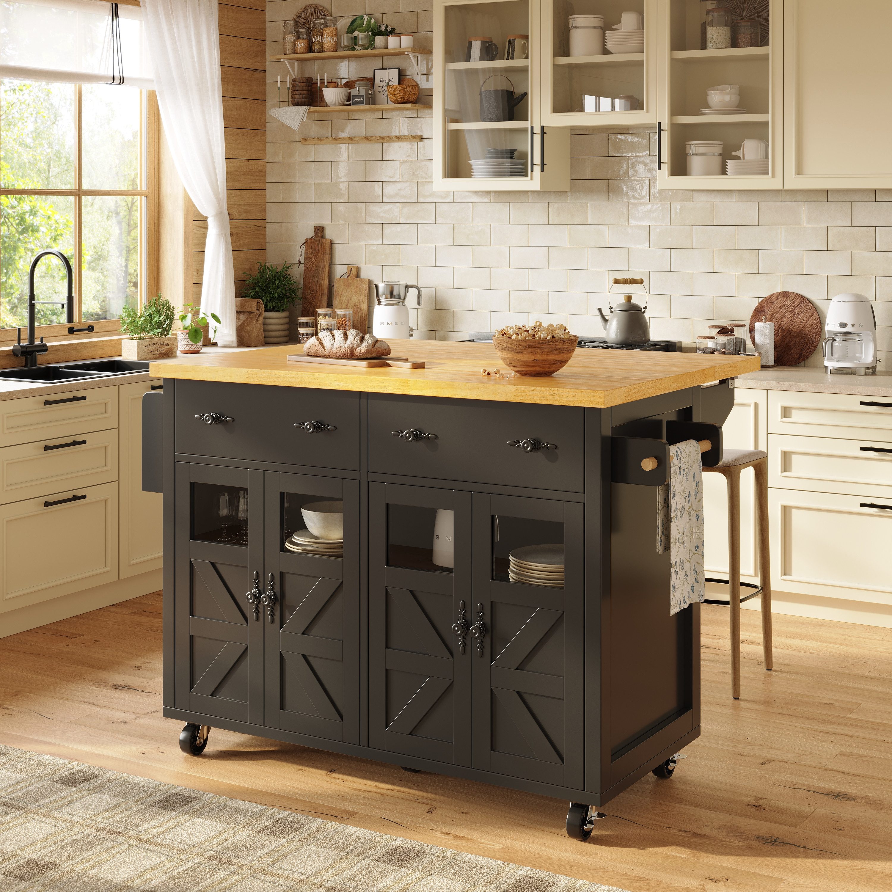 Odikalo Кухниinsel mit Arbeitsplatte, Кухниwagen Servierwagen Sideboard, (Hochwertige Кухниinsel, Multifunktionaler Servierwagen mit großem Stauraum, Mobiler Buffetschrank, Кухниwagen für Esszimmer,Wohnzimmer,Küche, Inklusive Bremsen und verstellbaren Fächern, Schwarz / Weiß)