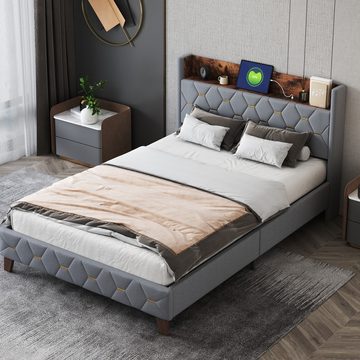 IDEASY Polsterbett Doppelbett, Queen-Size-Bett, 140 x 200 cm, (Stauraum am Kopfteil, mit USB-Anschluss, hautfreundlicher Samt), grau/beige, keine Boxspringbetten erforderlich